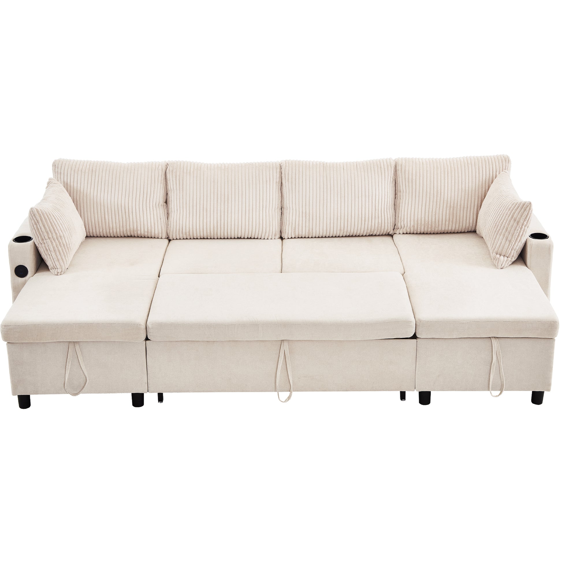 111.8" Sectional Sofa Pull Out Sofa Bed Versatile Sofa Sleeper With Large Storage Space, Two Usb Ports And Two Cup Holders For Living Room, Beige Beige Foam Chenille 4 Seat