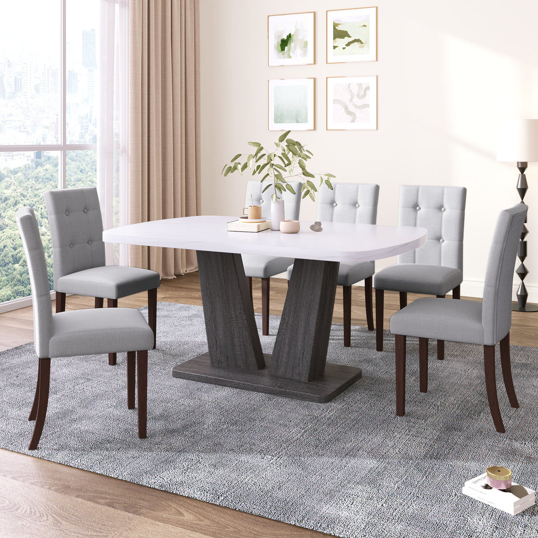 Dining Table Set For 6, 7 Piece Kitchen Table Chairs Set, 1.8" Thickness Tabletop And V Shaped Table Legs, Modern Dining Room Set With 63 Inch Dinner Table And 6 Upholstered Chairs For Dining Room Wood Grey White Dining Room Classic,Mid Century