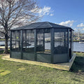 13 X 13 Ft Sunroom Octagonal Solarium,Screen Houses For Outdoors Backyard With Lockable Sliding Door,Moveable Pc Screen,Galvanized Steel Sloping Roof Dark Gray Aluminum