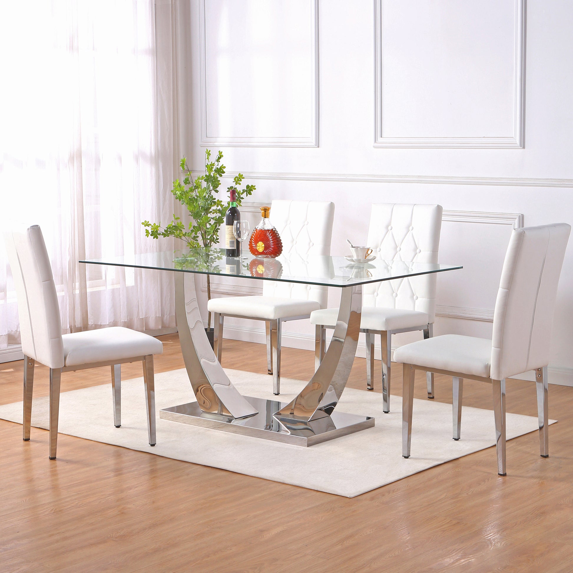 Table And Chair Set, Modern Dining Table, Tempered Glass Tabletop And Silver Colored Leg Table, Soft And Comfortable Dining Chair, Perfect For Dinner, Meetings, Home And Office Decor White Glass