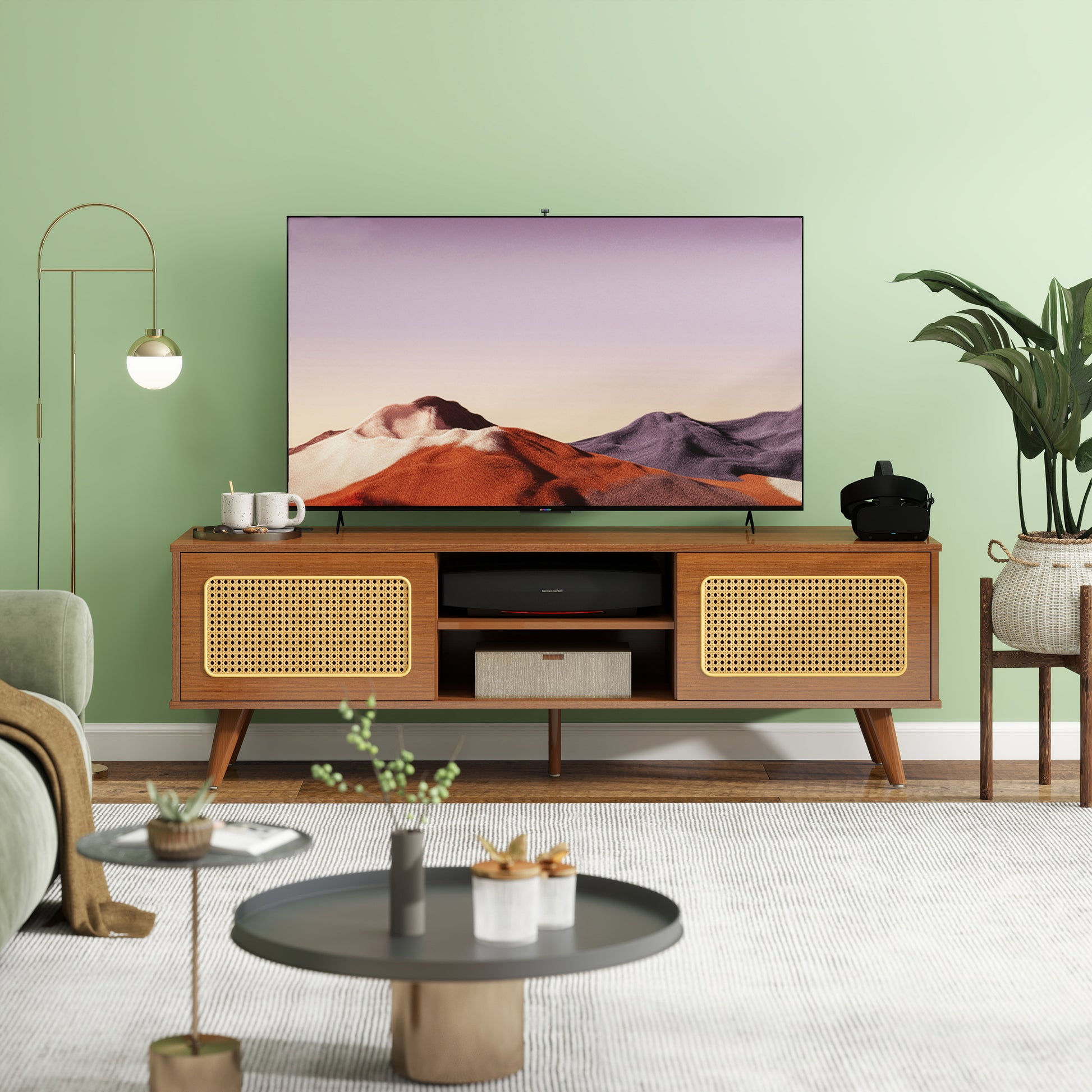 Mid Century Modern Rattan Tv Stand For 55 60 65 Inch Tventertainment Cabinet, Media Console For Living Room Bedroom Media Room, Solid Wood Feet & Rattan Cabinet Doors Walnut, 59" Black Brown Brown