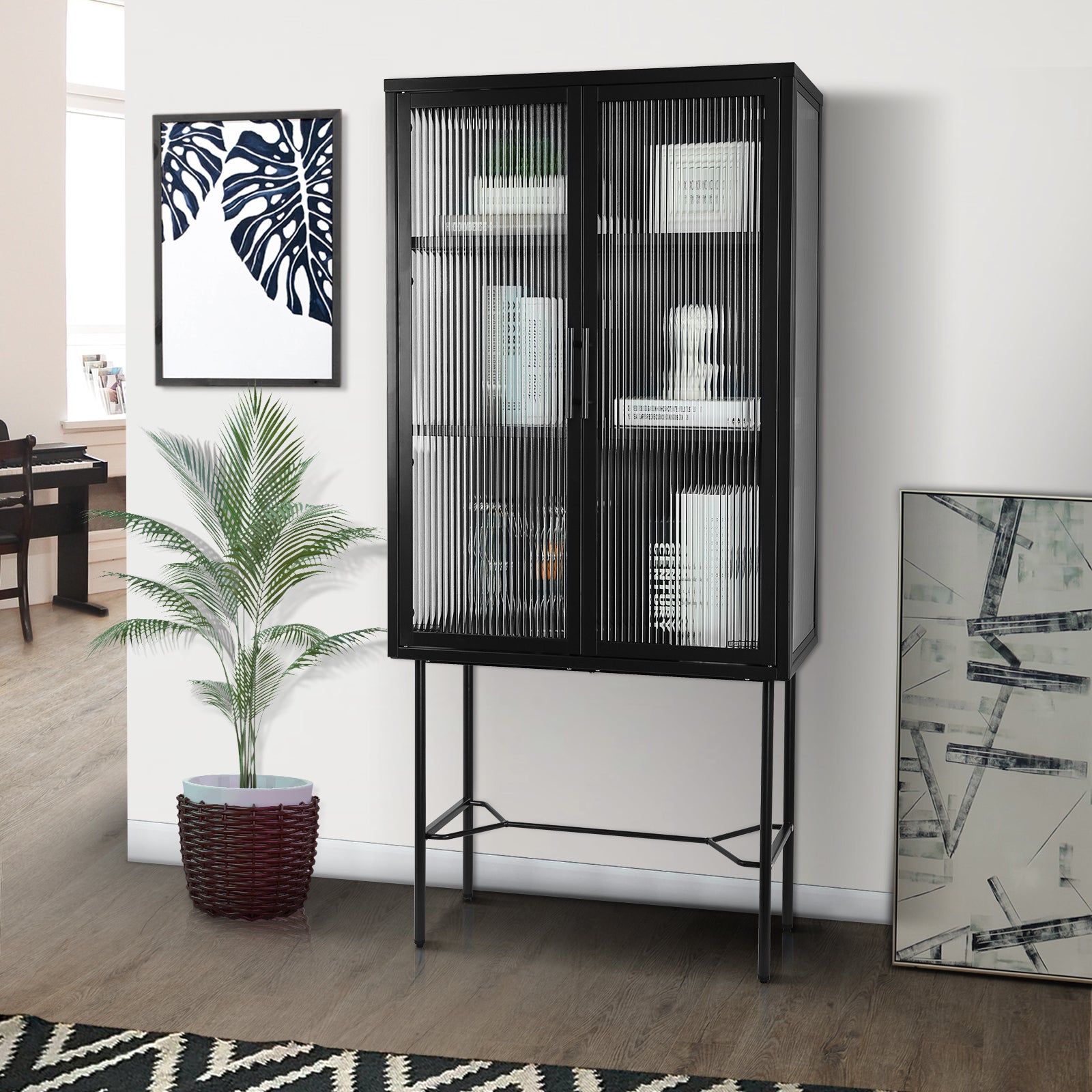 Elegant Floor Cabinet With 2 Tampered Glass Doors Living Room Display Cabinet With Adjustable Shelves Anti Tip Dust Free Easy Assembly Black Color Black Steel