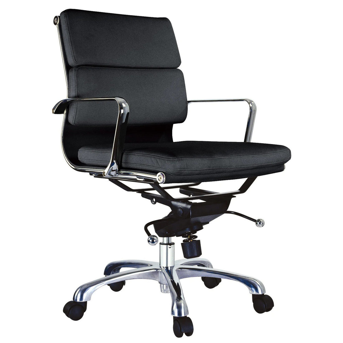 Elle 20 Inch Low Back Swivel Office Chair, Cushioned, Rolling Wheels, Black Black And Silver Fabric Metal