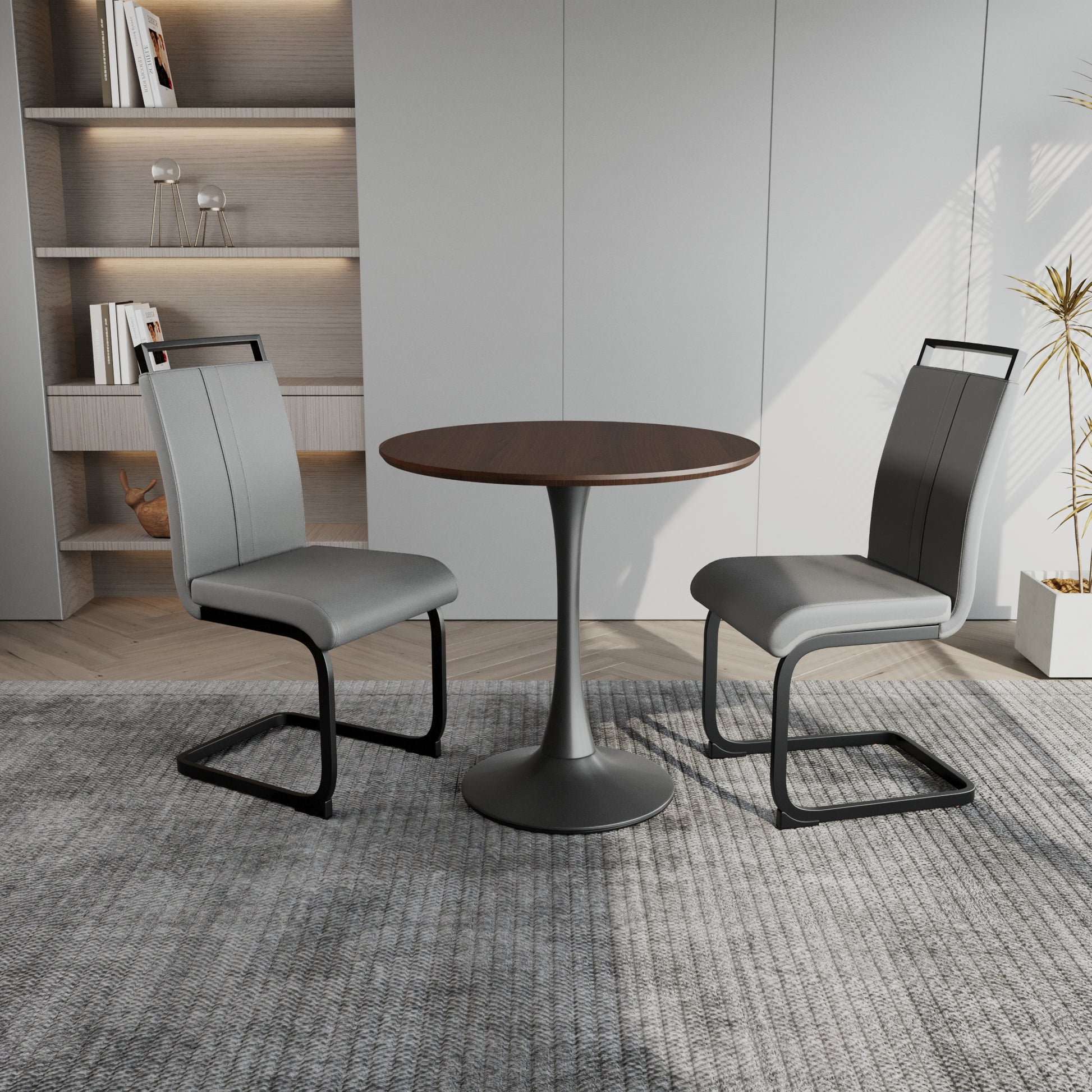 Walnut Circular Dining Table, 31.5 "Tulip Dining Table, Kitchen Dining Table For 2 4 People, Mdf Tabletop And Base, And 2 Gray Pu Black Metal Leg Dining Chairs Set 2 Walnut Mdf