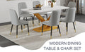 Table And Chair Set.The Table Is Equipped With A Marble Patterned Mdf Tabletop And Gold Table Legs.Paired With 6 Light Gray Chairs With Pu Cushions And Black Metal Legs. Gold,Light Gray Seats 6 Mdf