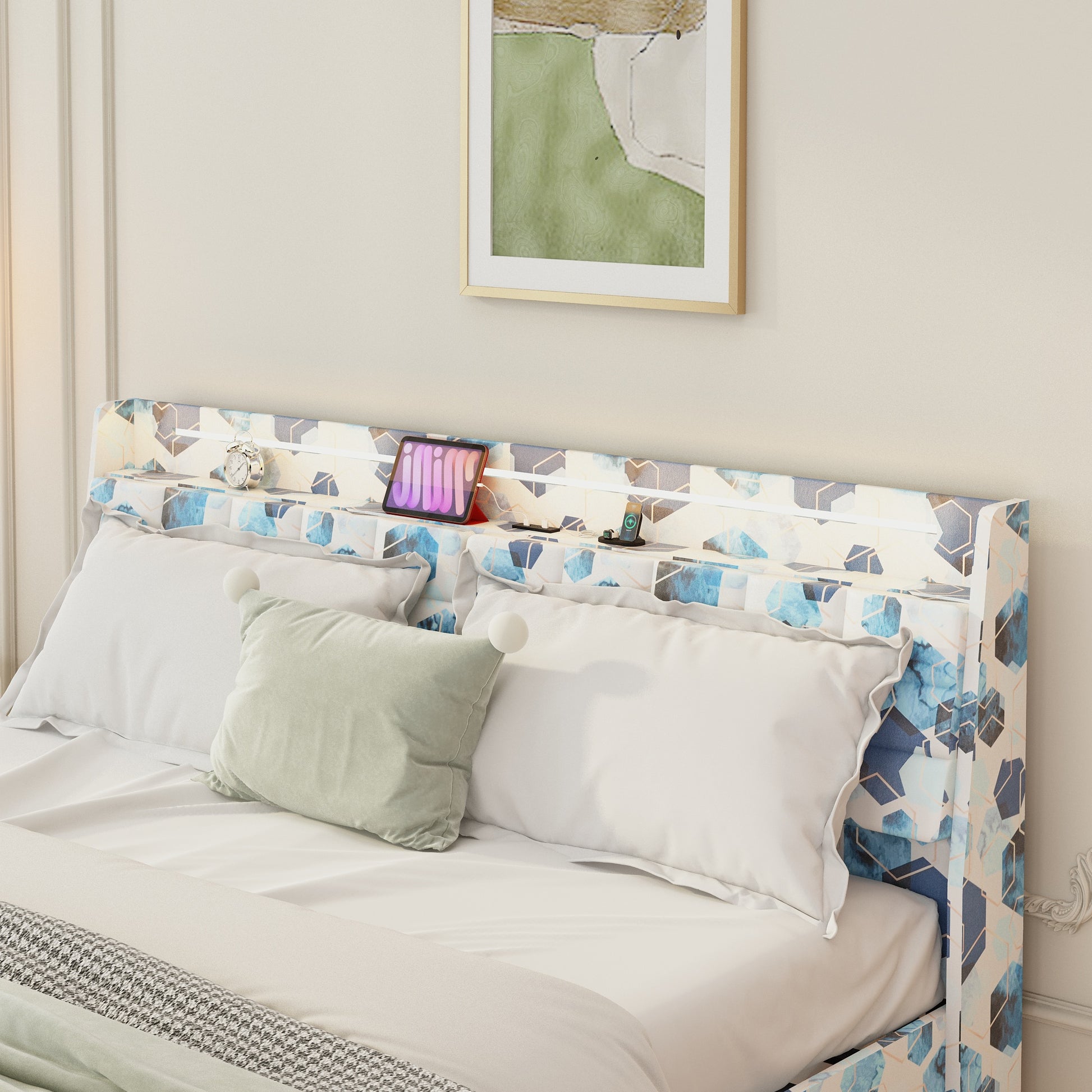 King Floating Bed Frame With Led Light And Charging Station Upholstered Platform Bed Frame King Size With Headboard And Hidden Storage Space, No Box Spring Needed, Blue Box Spring Not Required King Blue Geometry Metal Bedroom Bed Frame Velvet Velvet