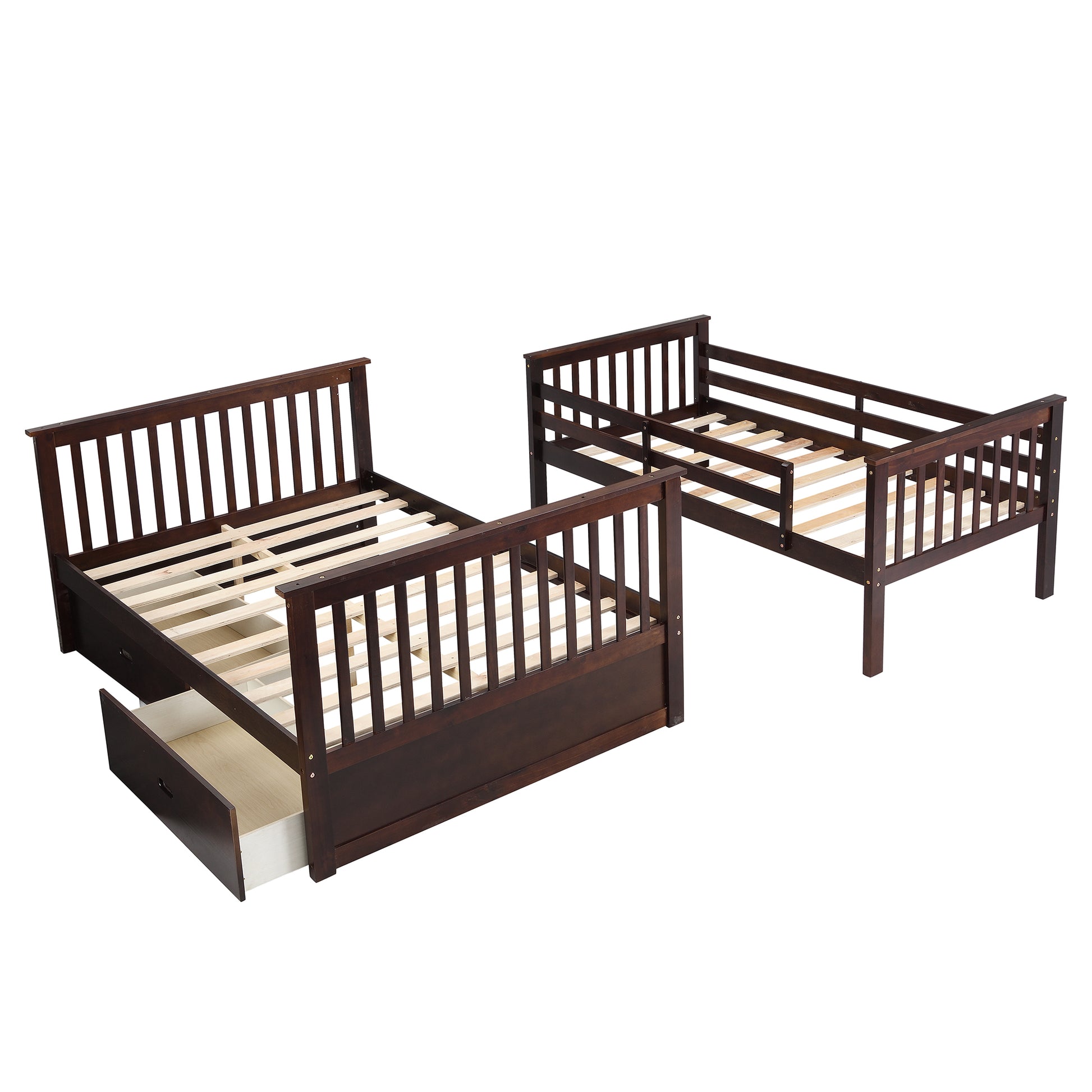 Twin Over Full Bunk Bed With Storage Drawers, Wooden Bunk Bed With Ladder And Safety Guard Rails Espresso Full Espresso Wood