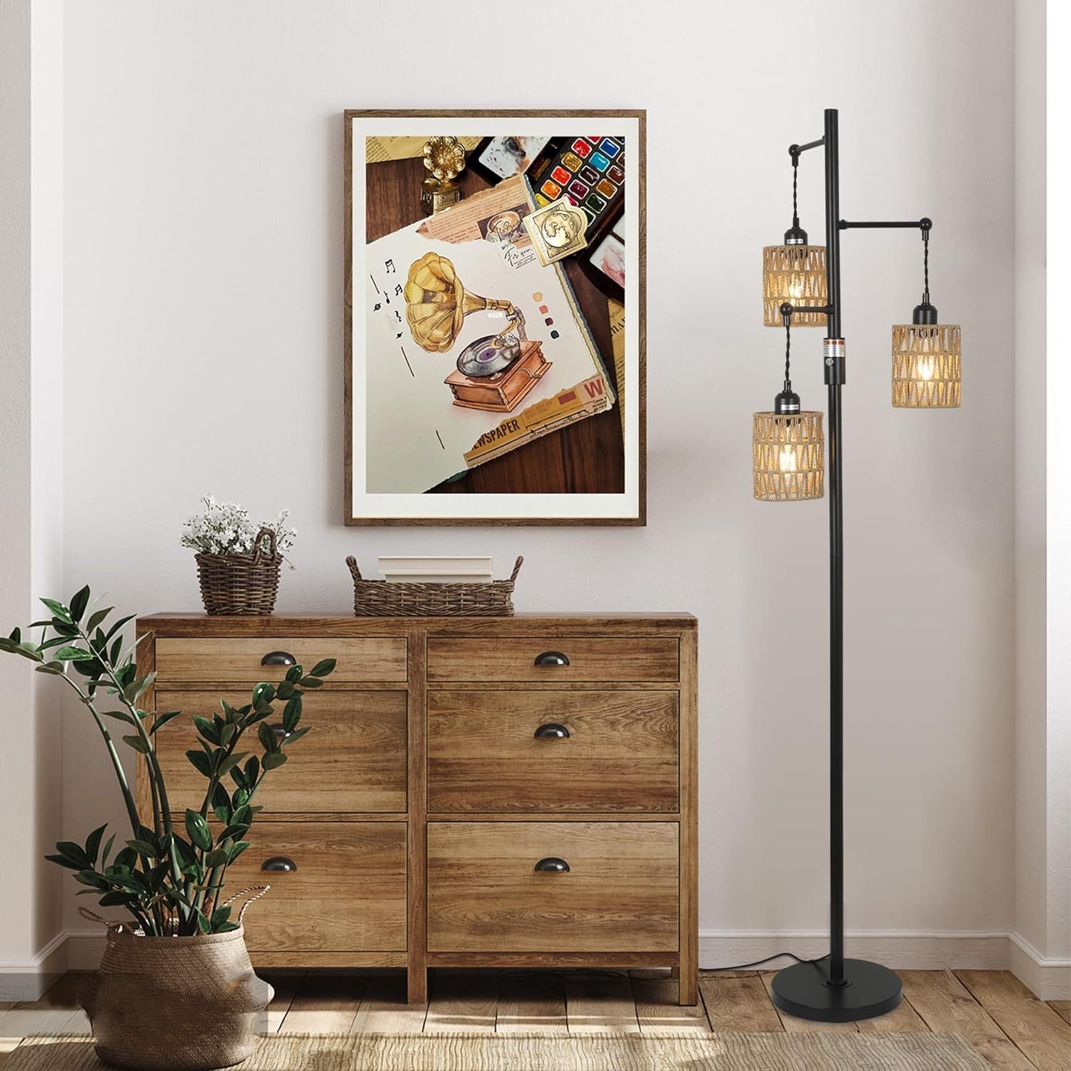 Floor Lamp Brown Black Rattan Metal