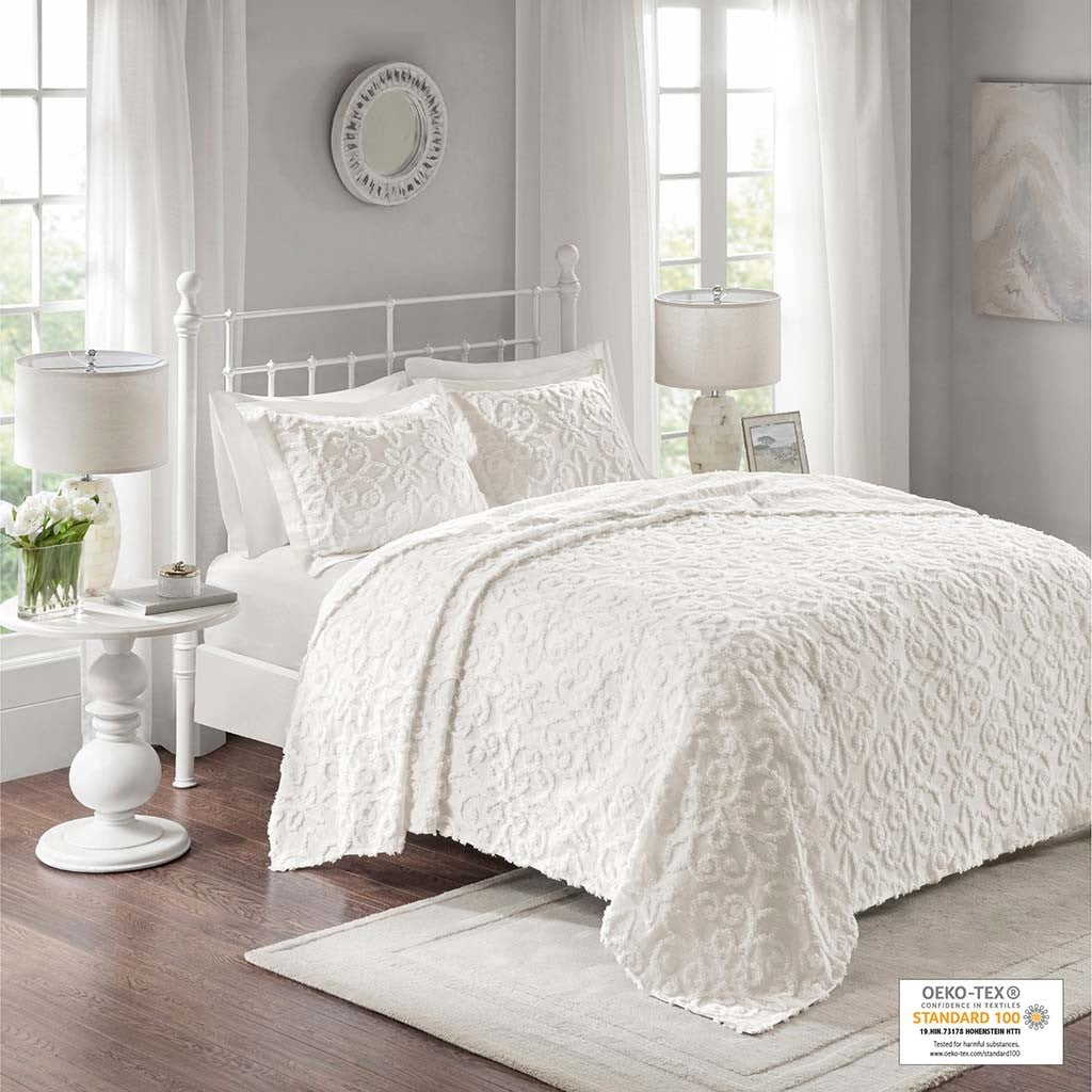 3 Piece Tufted Cotton Chenille Bedspread Set Off White Full Queen Off White Cotton