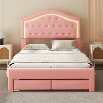 Full Size Upholstered Platform Bed With Tufted Headboard, Led And 2 Drawers, Pink Box Spring Not Required Full Pink Wood Bathroom Bed Frame Faux Leather Upholstered