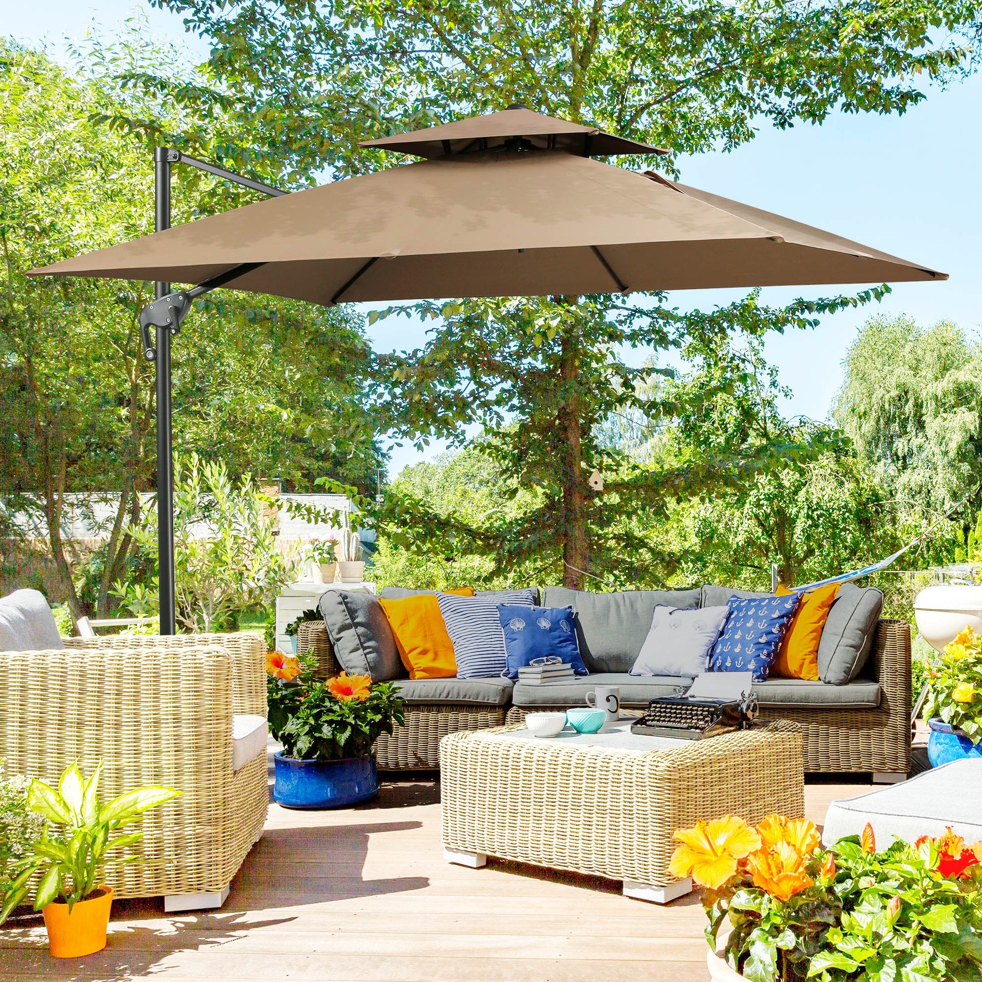 best outdoor offset patio umbrella Outsunny 10Ft Offset Patio Umbrella With Base, Double Top Hanging Alum