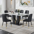 Table And Chair Set, Modern Dining Table, Patterned Table Top And Black Mdf Leg Table, Soft And Comfortable Dining Chair, Perfect For Dinner, Meetings, Home And Office Decor Black Mdf Glass