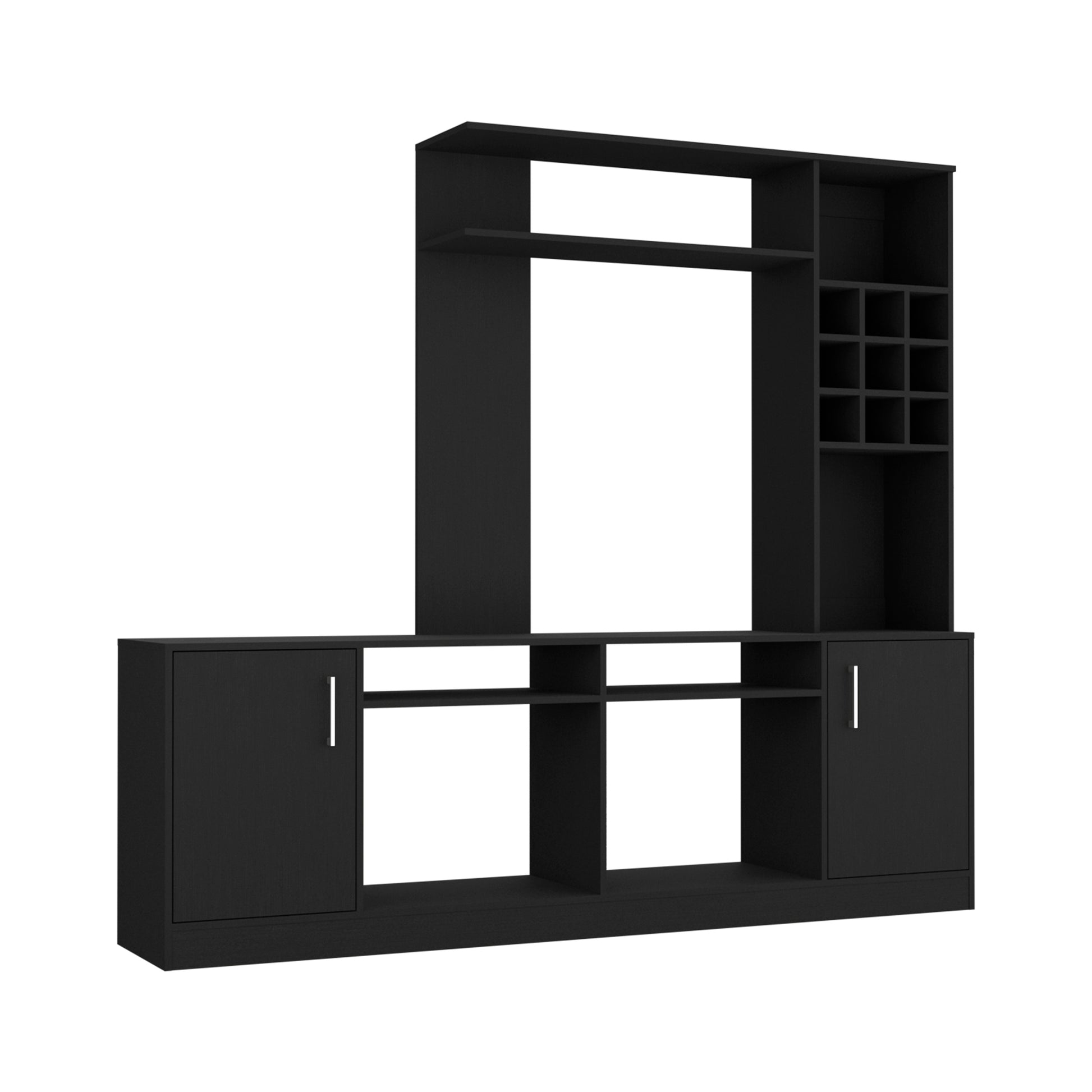 Entertainment Center For Tv S Up 78", Double Door Cabinet, Storage Spaces, Six External Shelves, Black Black 60 69 Inches Solid Wood Mdf Engineered Wood