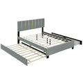 Queen Size Upholstered Platform Bed With 2 Drawers And 1 Trundle, Classic Metal Strip Headboard Design, Grey Queen Gray Mdf Lvl