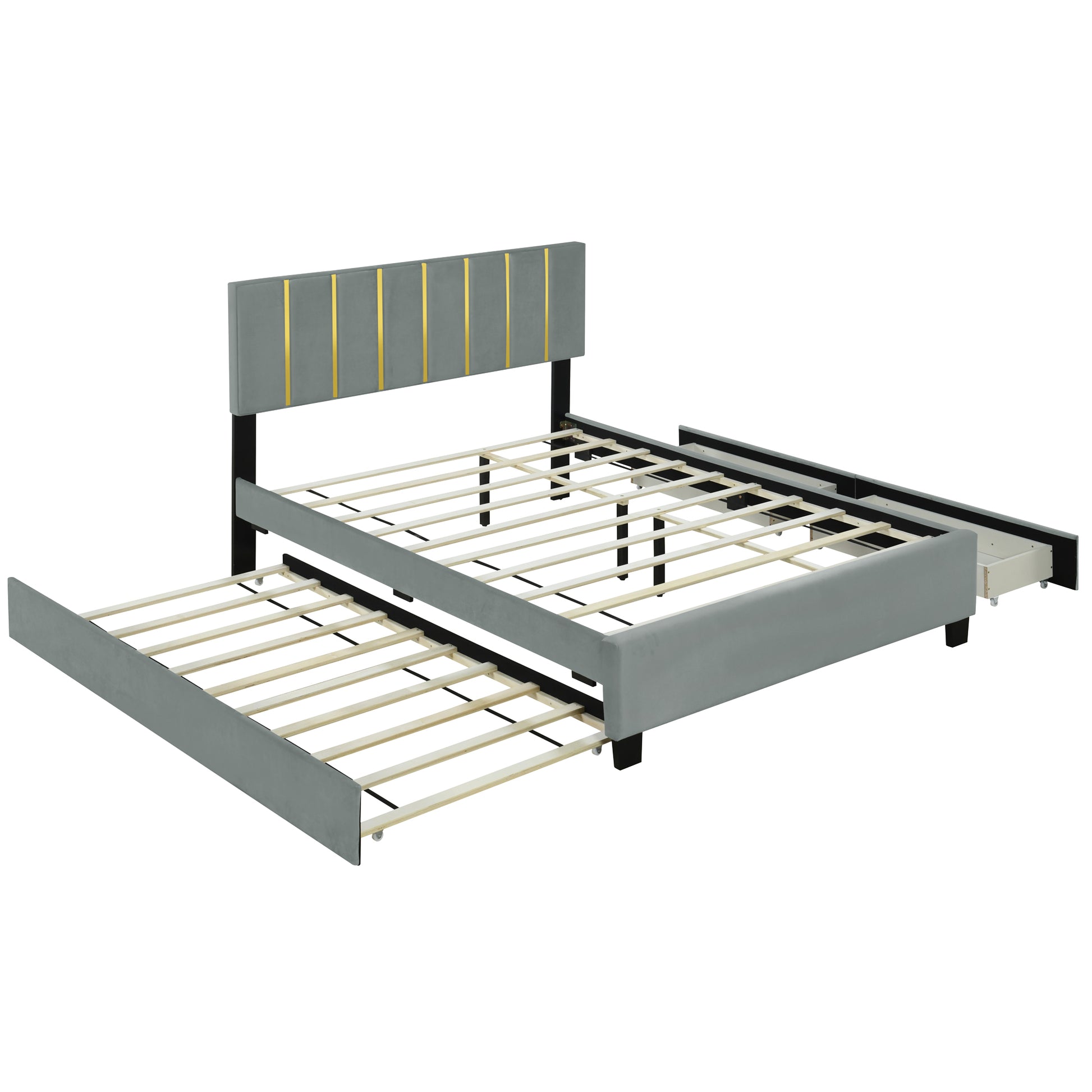 Queen Size Upholstered Platform Bed With 2 Drawers And 1 Trundle, Classic Metal Strip Headboard Design, Grey Queen Gray Mdf Lvl