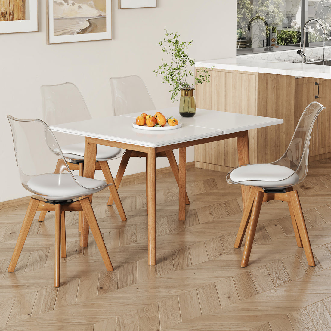 White Stone Burning Tabletop With Rubber Wooden Legs, Foldable Computer Desk, Foldable Office Desk,4 Modern Chairs Can Rotate 360 Degrees,The Seat Cushion Is Made Of Pu Material. Zd 1545Sc 003 White Sintered Stone