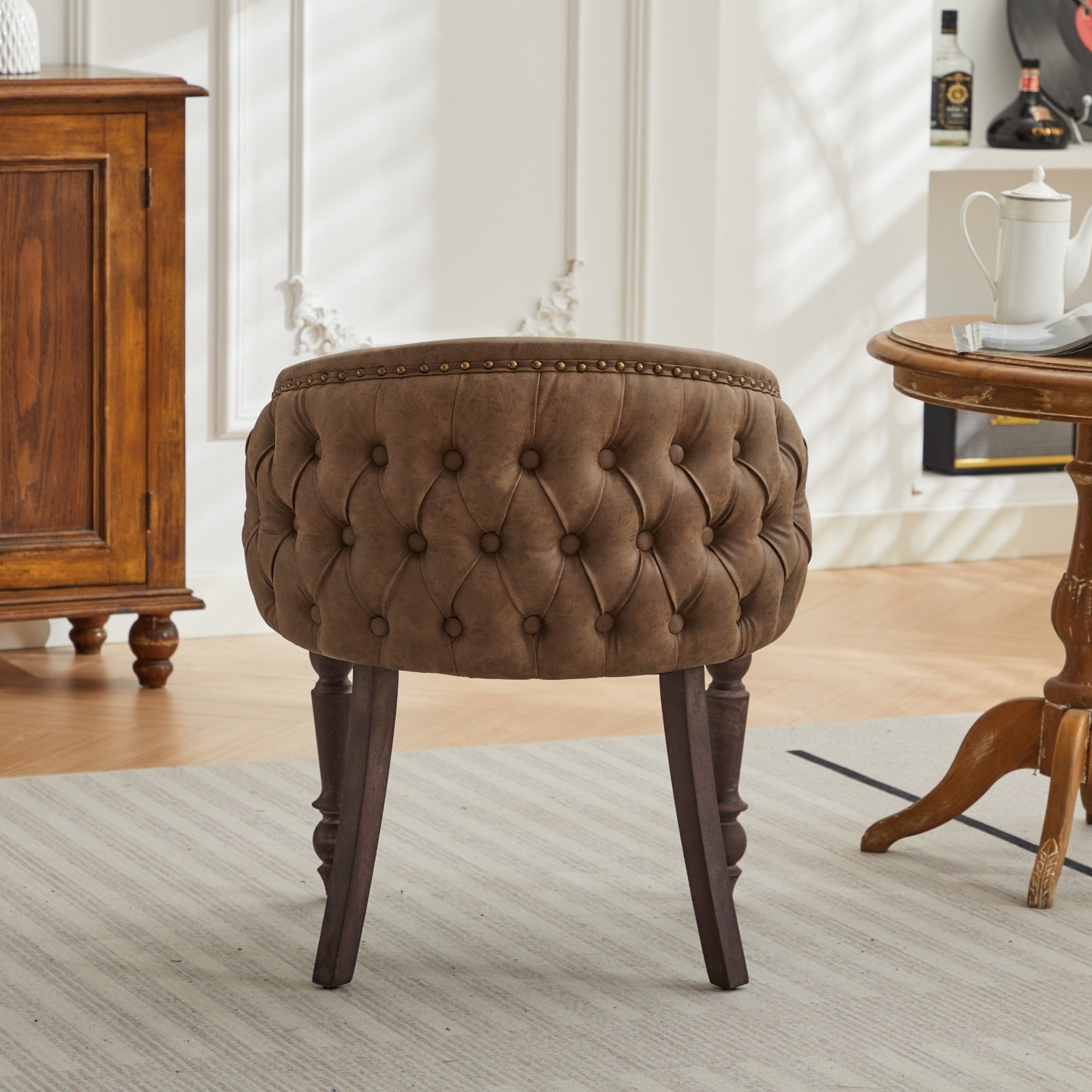 Hand Pulled Buckle Decoration Pu Dining Chair,Accent Leisure Chair, Mid Century Modern Arm Chair With Solid Wood Armrests And Legs, 1 Seat Cushioned Sofa For Living Room Bedroom,Brown Color,Sw1865Br Brown American Design Rubberwood Foam Pu