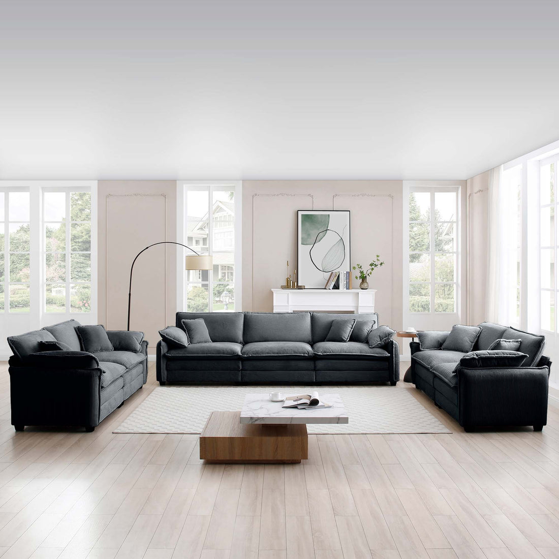 Modern Living Room Sofa 3 Pieces Set, Two 2 Seater Sofas And One 3 Seater Sofas, Upholstery Large Deep Seat Sofa With Sofat Cushion And Pillowss,Grey Corduroy Grey Corduroy 7 Seat