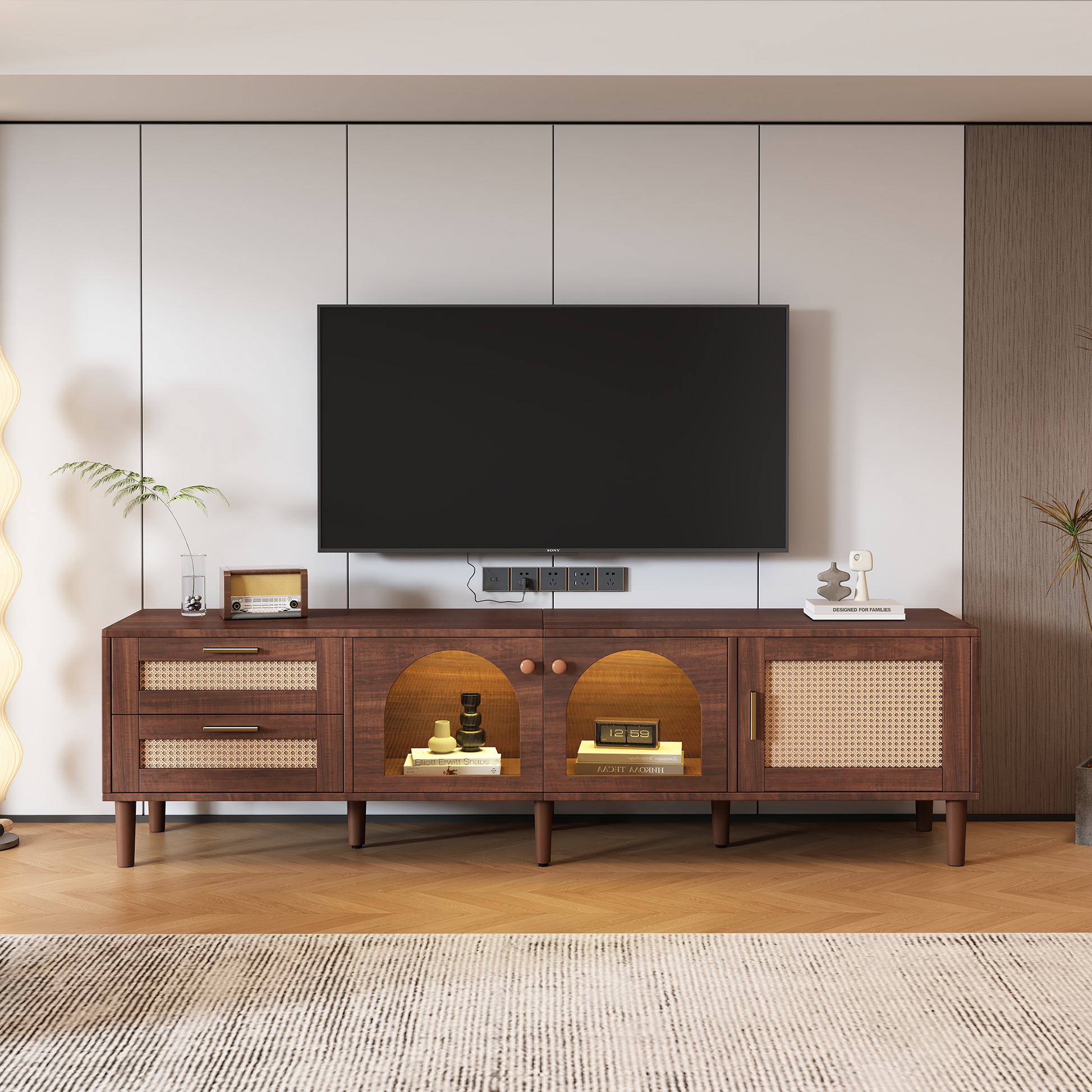 Rattan Tv Stand With 3 Cabinets & 2 Drawers, Rattan Inspired Media Console Table For Tvs Up To 80'', Led Light Entertainment Center, Tv Cabinet For Living Room, Bedroom, Home Theatre Dark Brown