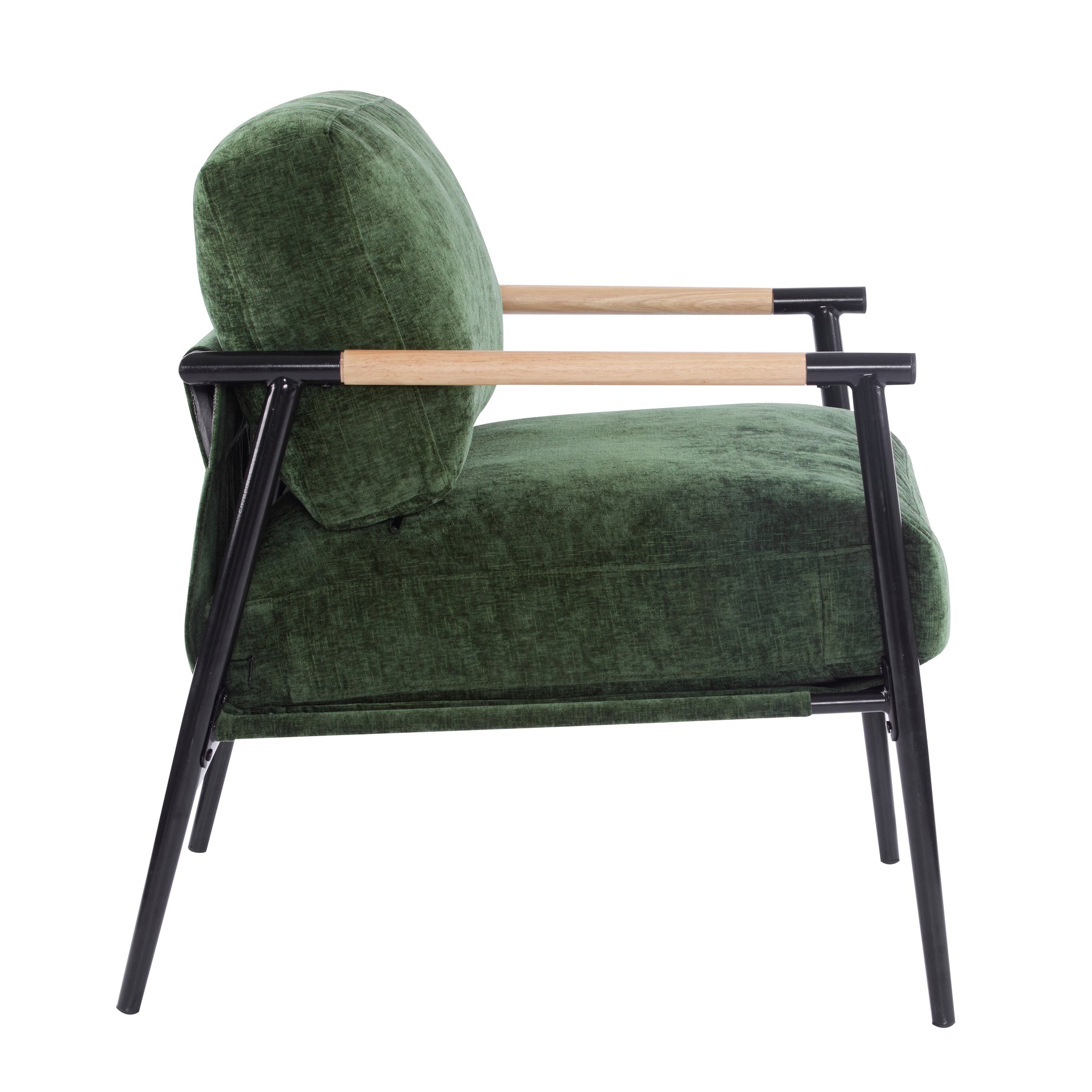 27.56" Modern Accent Chair With Plush Cushions, Minimalist Metal Frame, And Wooden Armrest Design Perfect For Cozy Living Room, Bedroom, Or Office Seating Green Metal,Polyester,Solid Wood