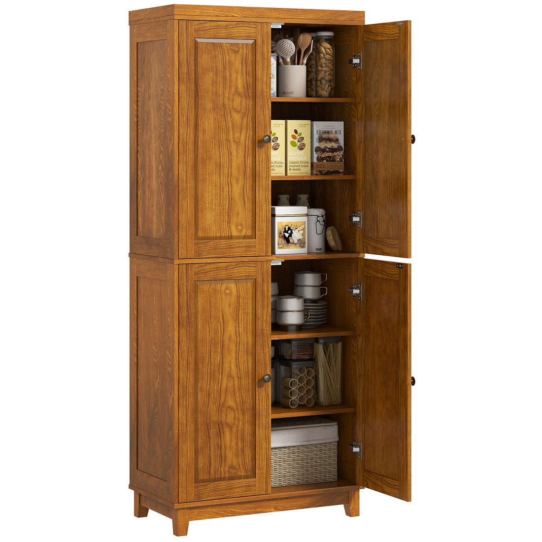 Homcom 72.5" Tall Kitchen Pantry Storage Cabinet, Freestanding Kitchen Cupboard With 4 Soft Close Doors And Adjustable Shelves For Dining Room, Distressed Brown Brown Mdf