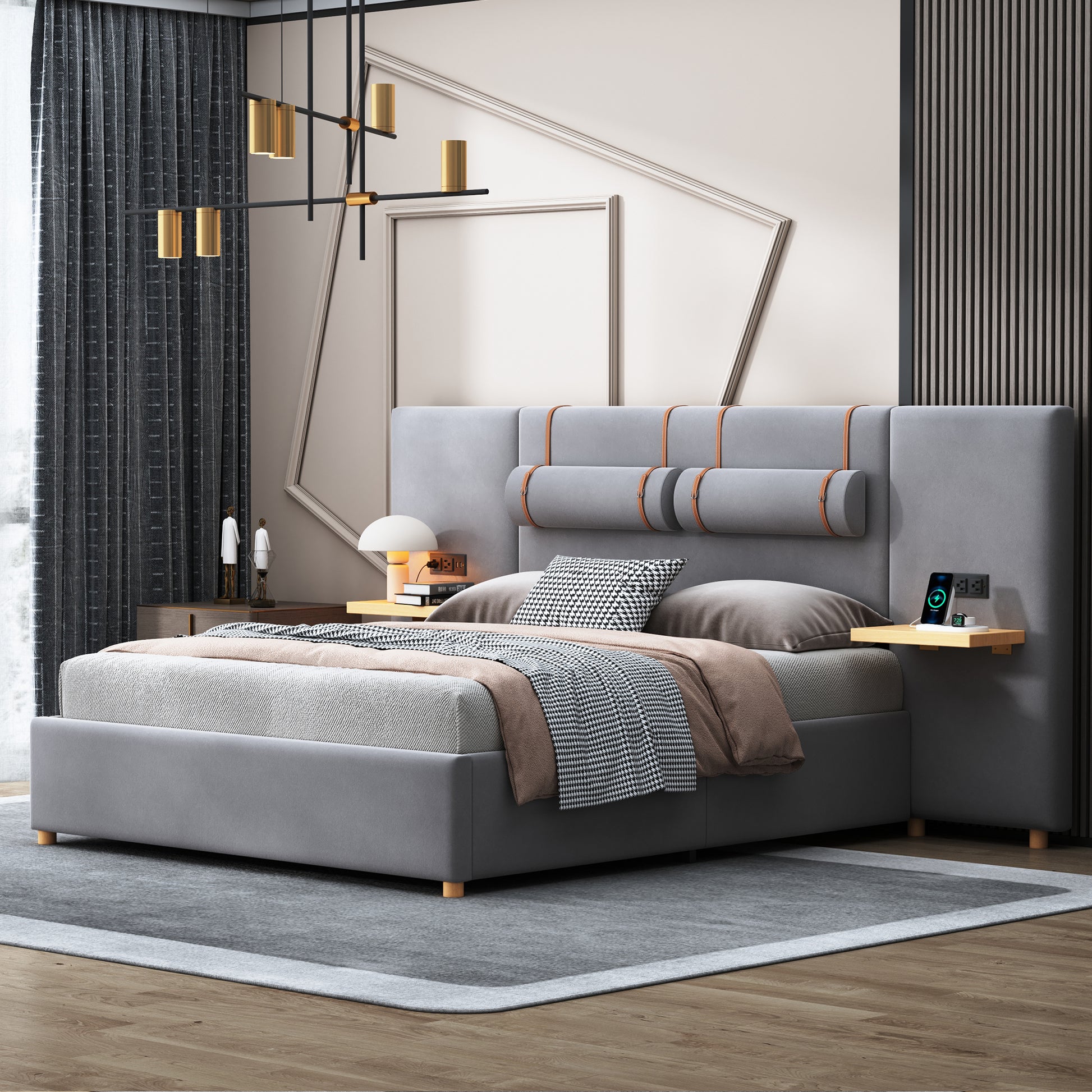Queen Upholstered Platform Bed, Two Outlets And Usb Charging Ports On Both Sides, Two Bedside Pillows, Storage Shelves, Velvet,Gray Queen Gray Mdf Lvl