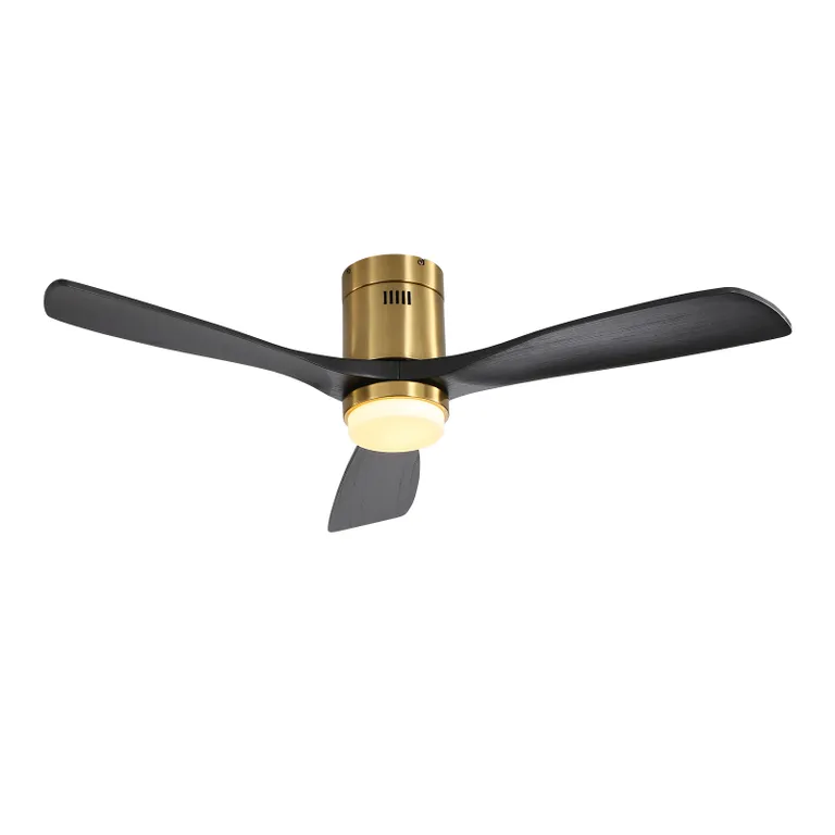 52 Inch Flush Mount With 3 Solid Wood Blades Remote Control Reversible Dc Motor For Living Room Gold Metal & Wood