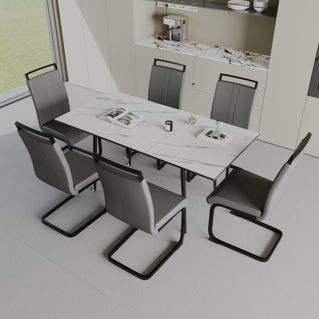 An Expandable Dining Table Set For 2 6 People, Equipped With A C Shaped Tubular Cushioned Armless Dining Chair And An Elegant And Spacious Dining Table Kitchen Table And Chair Set, With Metal Legs Grey White Mdf