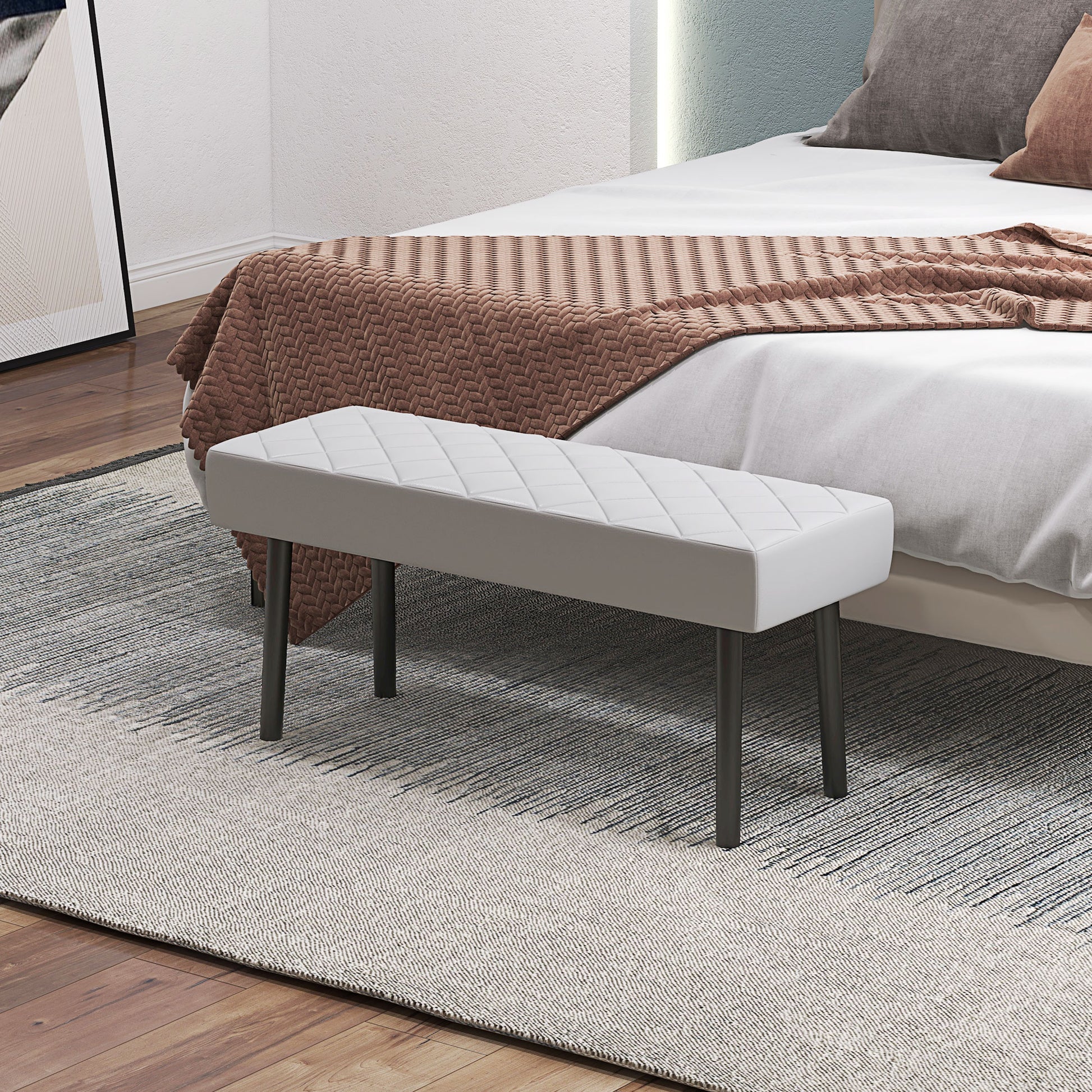 Homcom Modern Ottoman Bench, 39.4" Faux Leather Upholstered End Of Bed Bench With Metal Legs And Padded Seat, Rectangular Entryway Bench, Gray Gray Pu