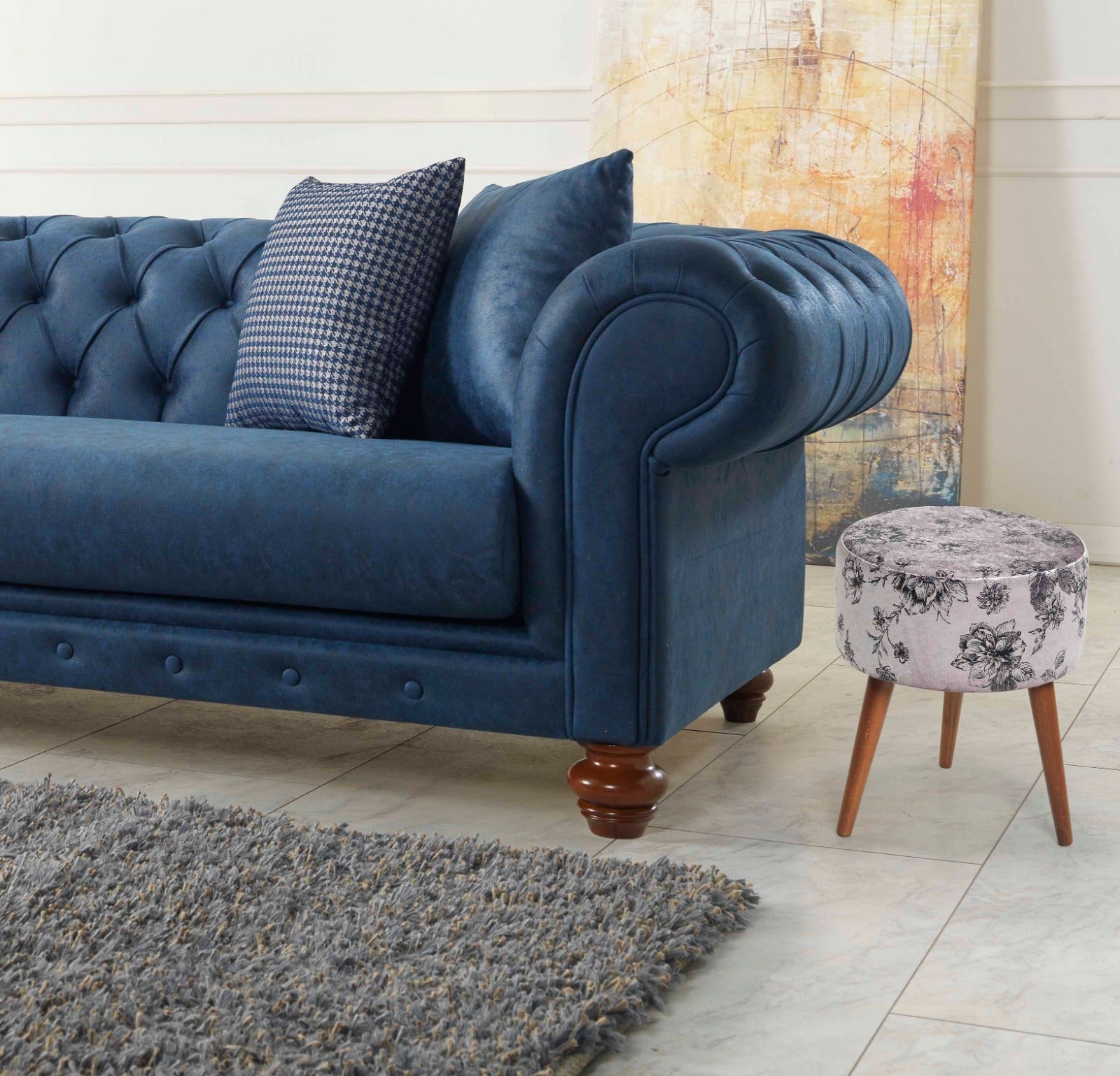 Flora Ottoman 107 Ivory Grey Pattern Ivory Chenille Wood Chenille White Contemporary Oval Foam