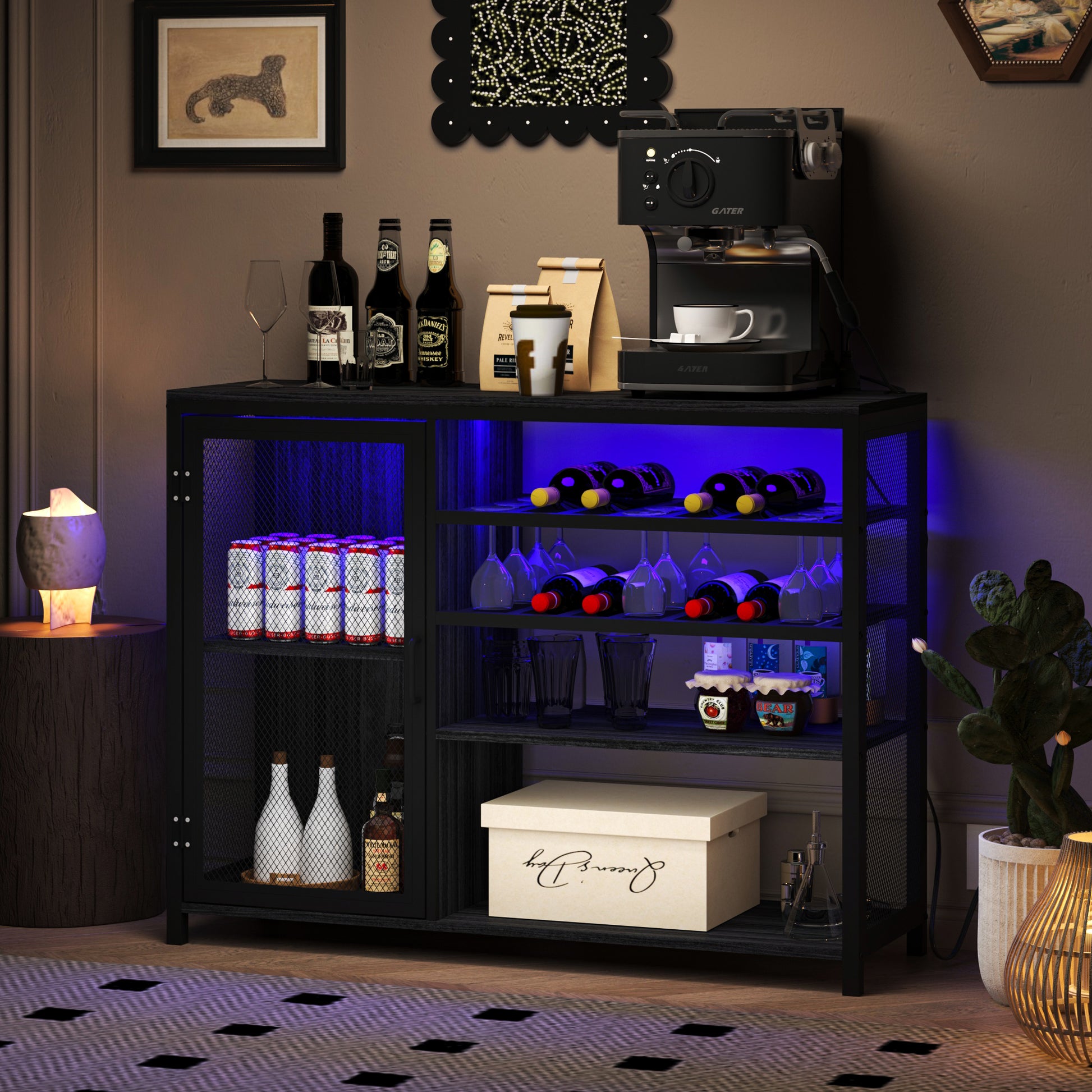 Bar Cabinet,Wine Bar Cabinet,Liquor Storage Credenza,Sideboard With Wine Racks & Stemware Holder,With Uab Socket,Metal Bracket,Placed In Family Bars,Hallways,Living Rooms,Color:Gray Silver Silk Thread 3 4 Spaces Gray Silver Primary Living Space Built In