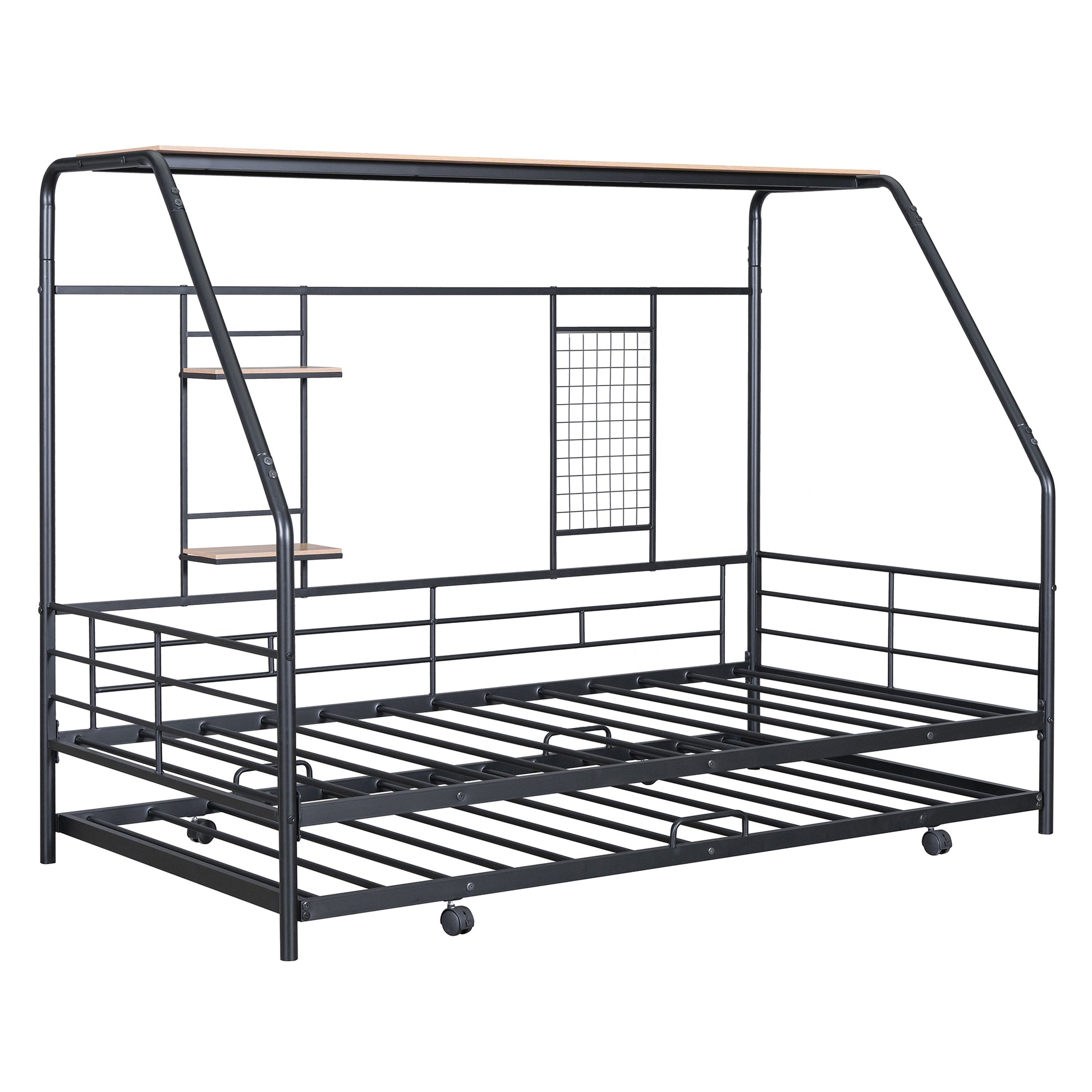 Twin Size Metal House Bed With Trundle, Black Twin Black Metal