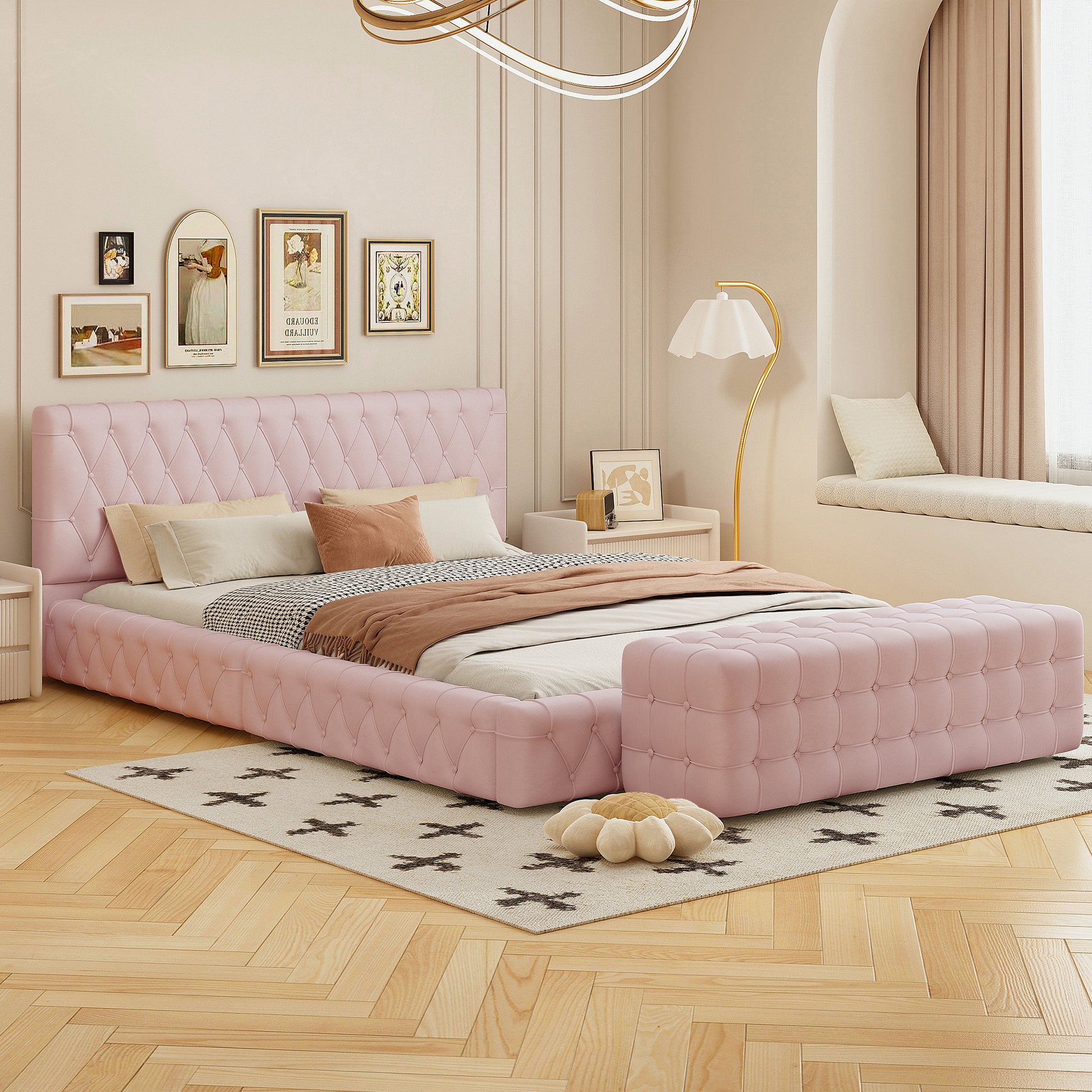 2 Pieces Bedroom Sets Queen Size Upholstered Bed With Rectangular Upholstered Ottoman For Bedroom,Pink Queen Pink 2 Piece Set Solid Wood Mdf