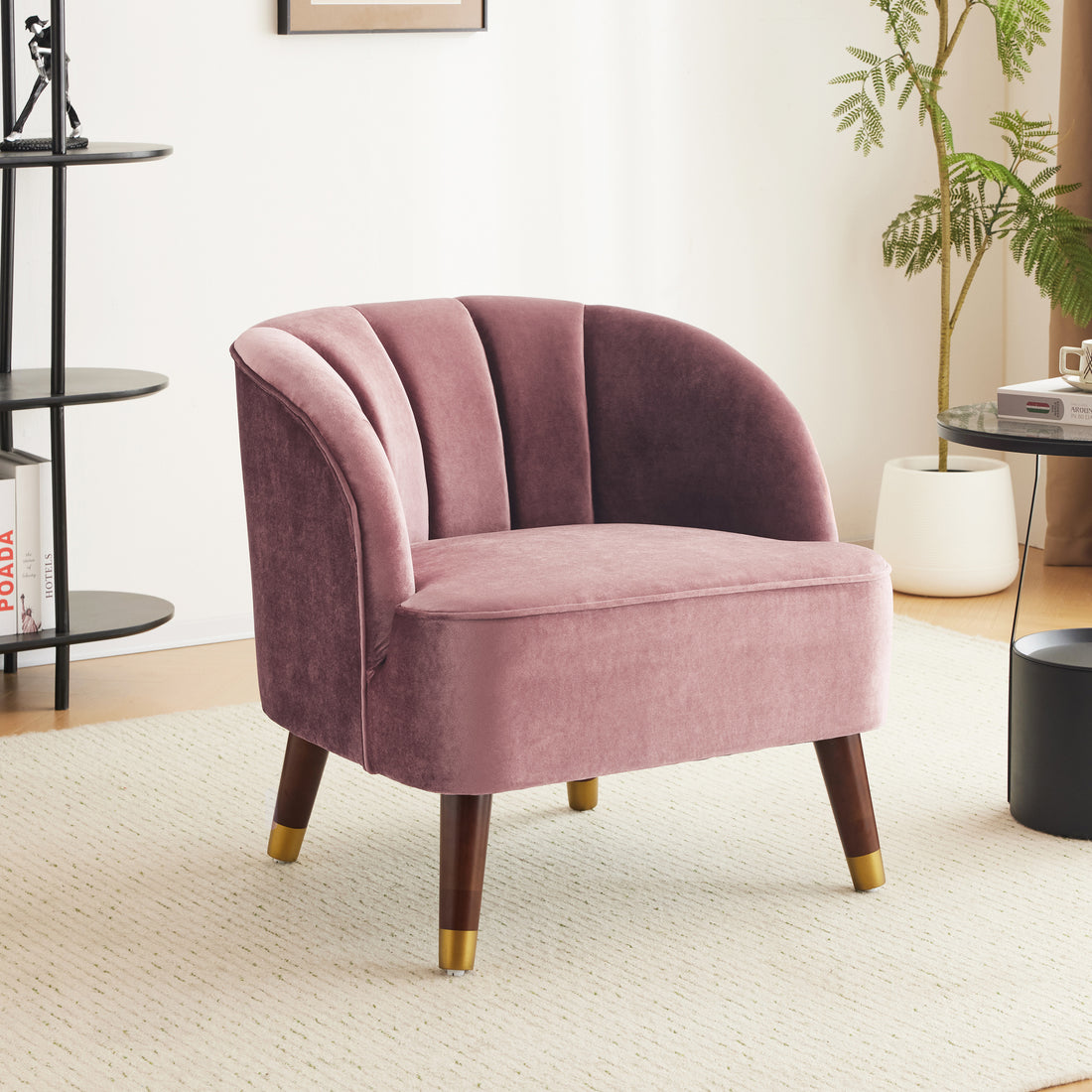 Upholstered Barrel Accent Chair With Wooden Legs Blush Rubberwood Velvet