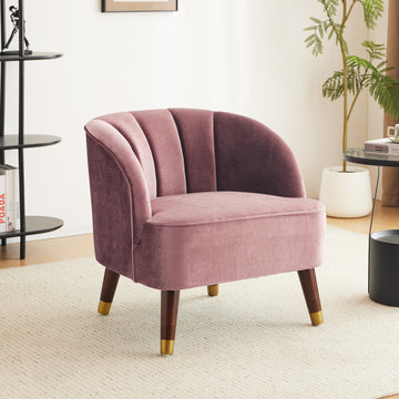 Upholstered Barrel Accent Chair With Wooden Legs Blush Rubberwood Velvet