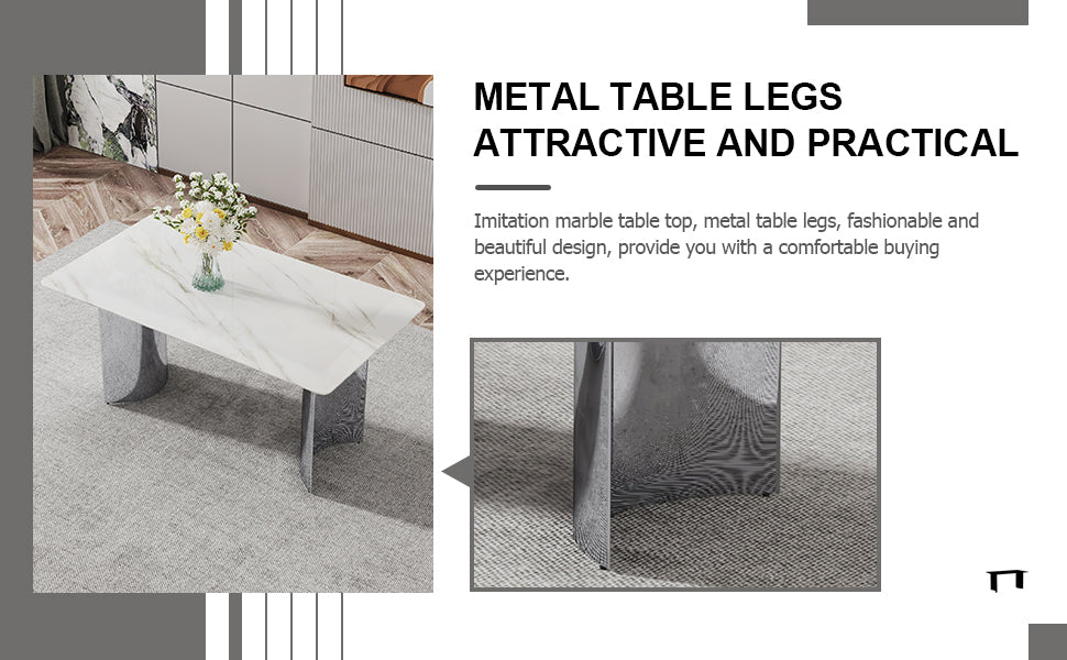 Table And Chair Set, Modern And Minimalist Dining Table. Imitation Marble Glass Sticker Desktop, Stainless Steel Legs, Stable And Beautiful. Comfortable Pu Seats. Dt 69 Silver Glass