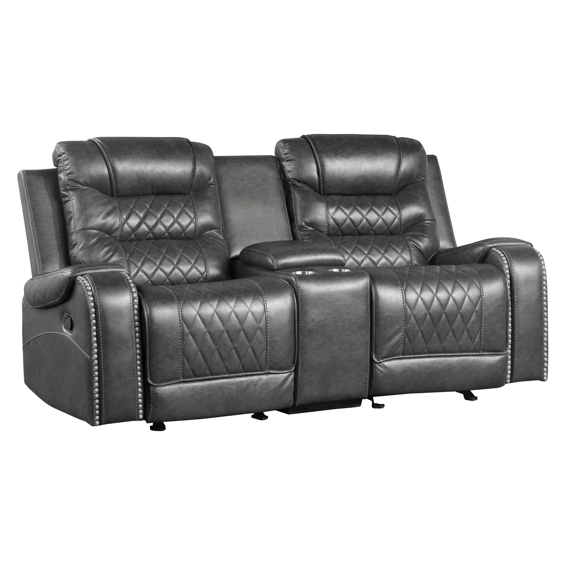 Luxurious Living Room Furniture 1Pc Gray Double Glider Reclining Loveseat With Center Console, Receptacles Usb Ports,Faux Leather Upholstery Diamond Pattern Stitching Gray Faux Leather Wood Primary Living Space Luxury,Modern Solid Wood