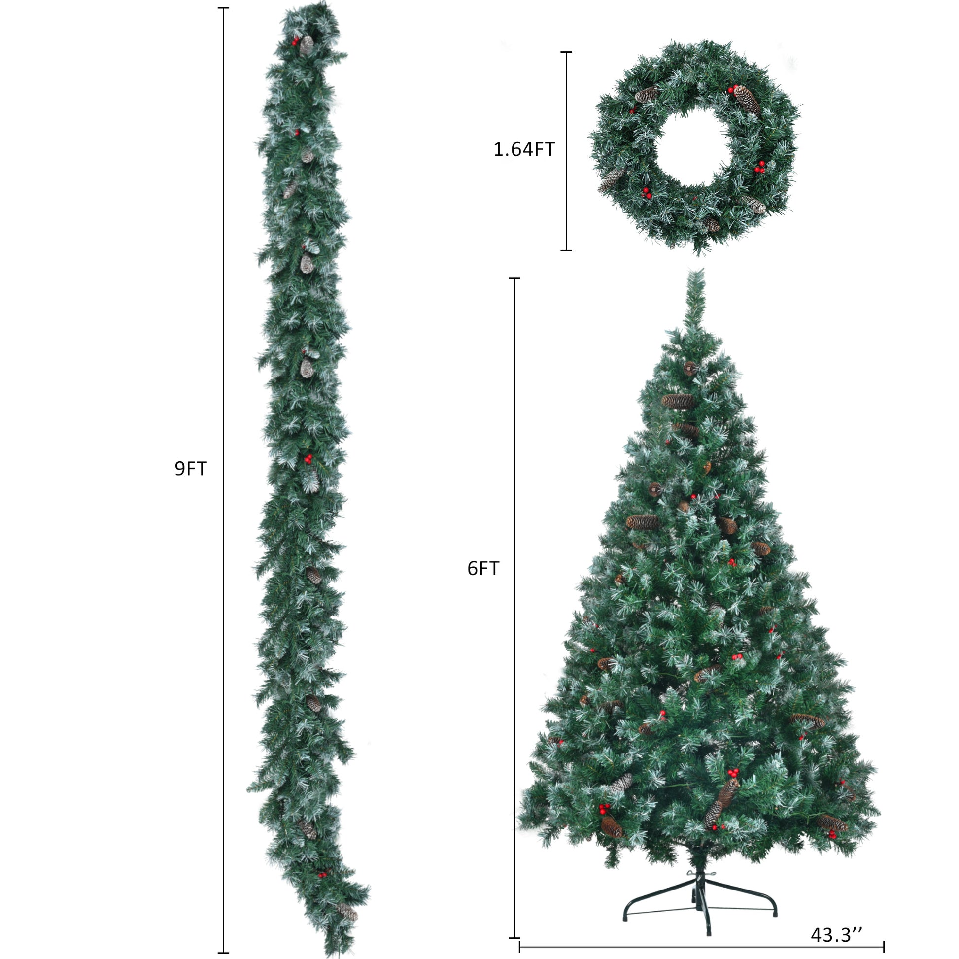 6Ft Dark Green Pine Christmas Tree, Pre Lit Set With Tree & Garland & Wreath, Hinged Artificial Xmas Tree With White Tips, Red Berries And Pine Cones, 11 Colorful Modes, Indoor Holiday Decoration Green Pvc