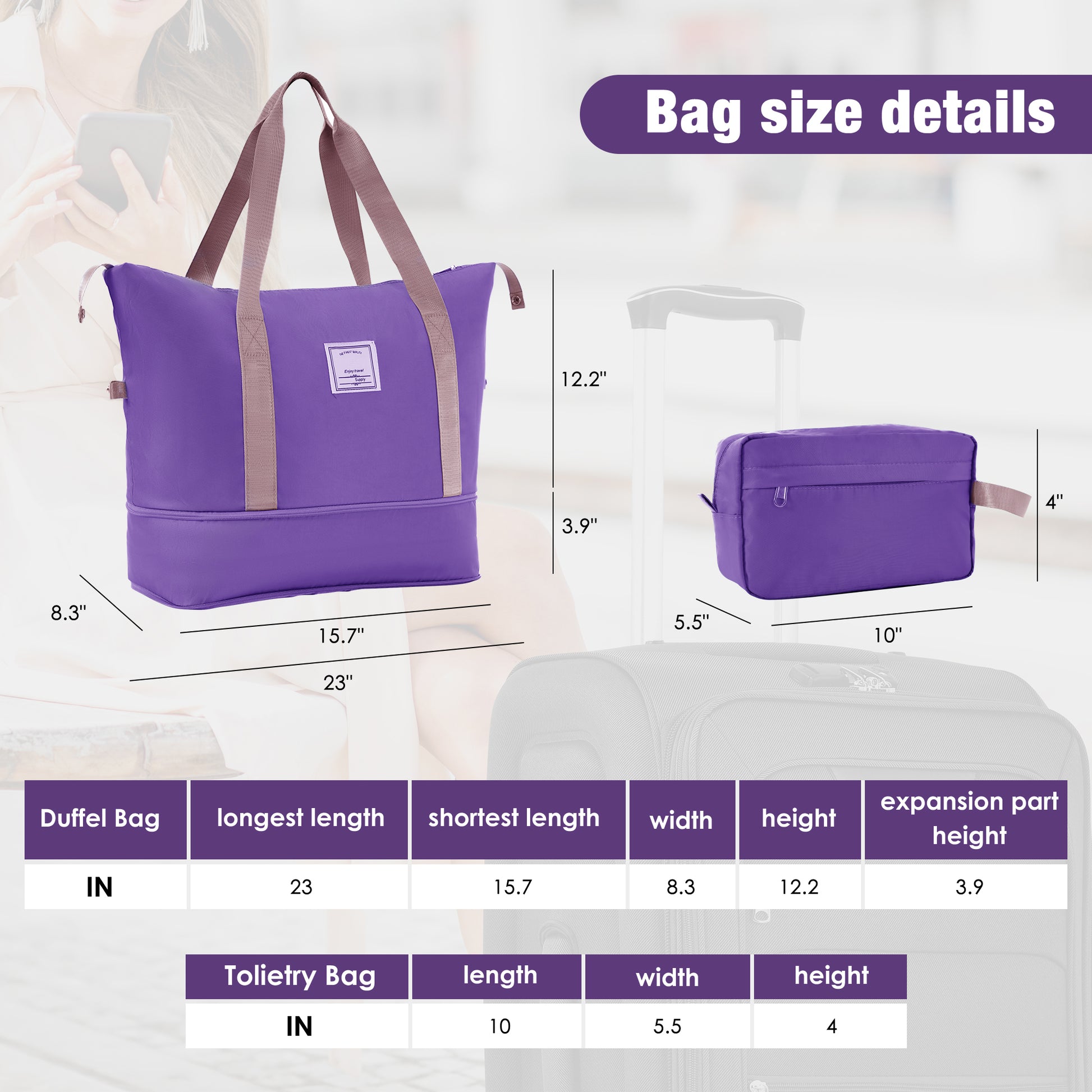 Softside Luggage Expandable 3 Piece Set Suitcase With Duffel Bag Upright Spinner Softshell Lightweight Luggage Travel Set Purple Polyester