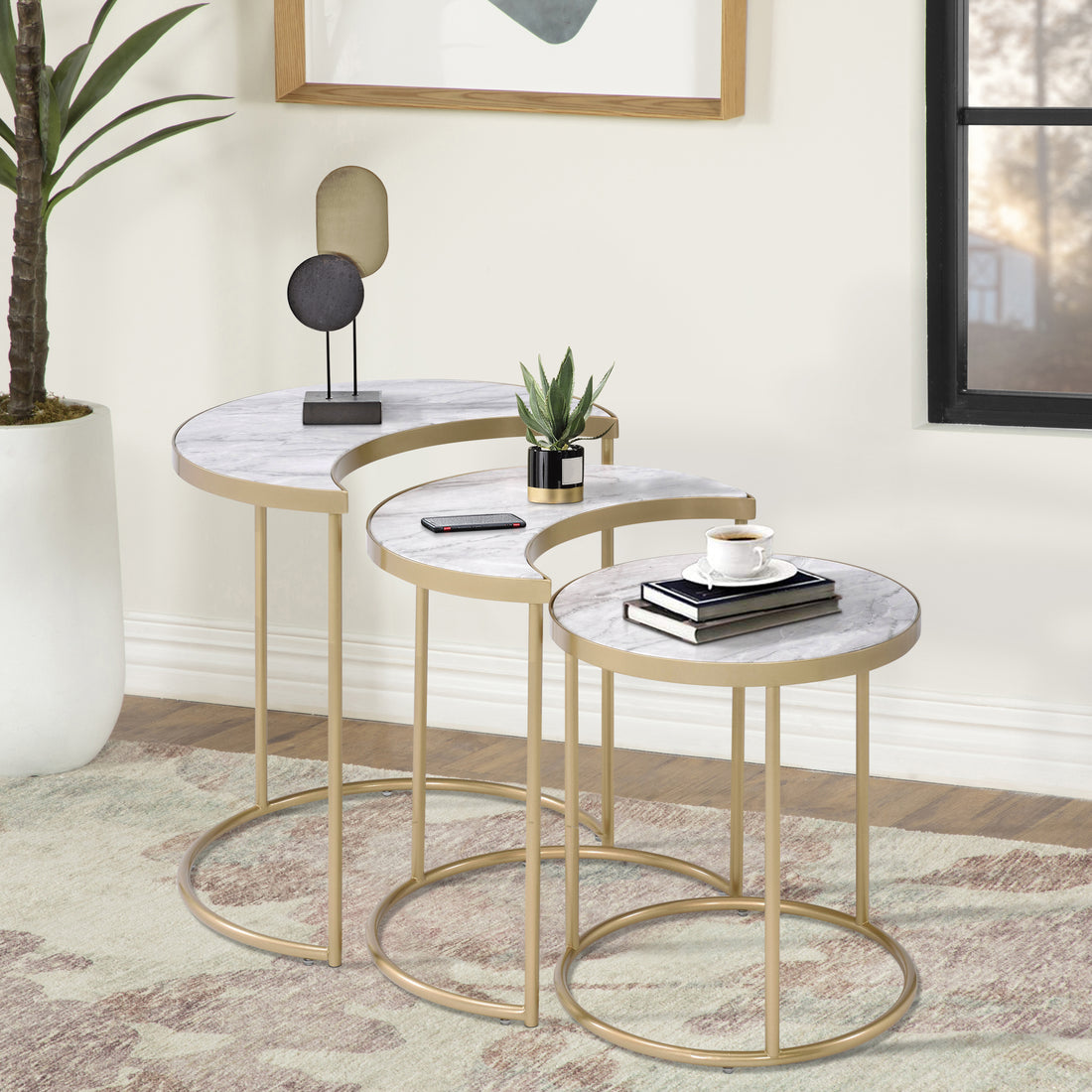 White And Gold 3 Piece Nesting Tables White Gold Primary Living Space Modern Round Wood Metal Sled