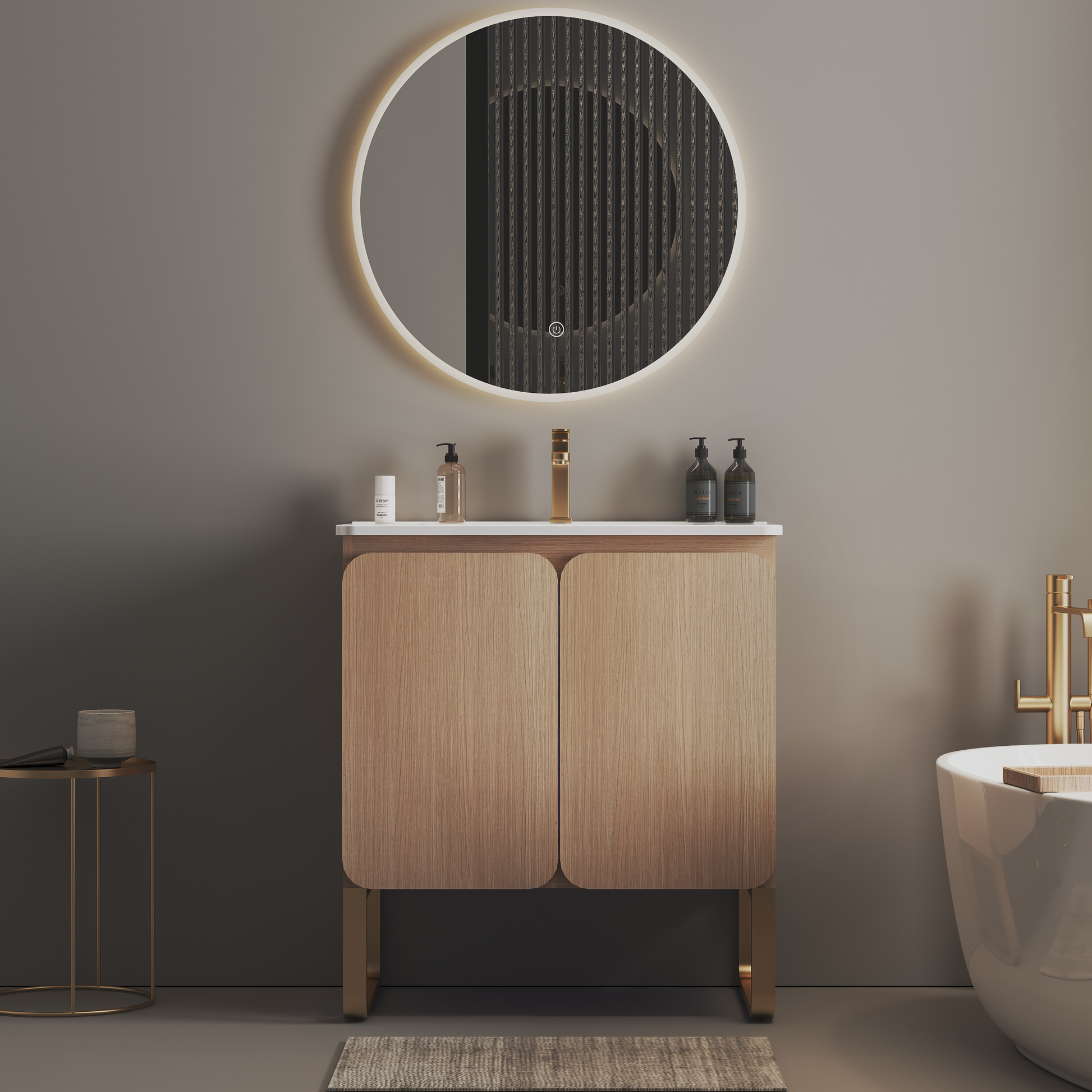 U093 Dalia30F 107 30" Freestanding & Wall Mounted Light Wood Bathroom Vanity With Ceramic Sinklarge Storage Vanity 2 Doors And Metal Support For Modern Bathrooms, Kd Light Oak Bathroom Modern Plywood