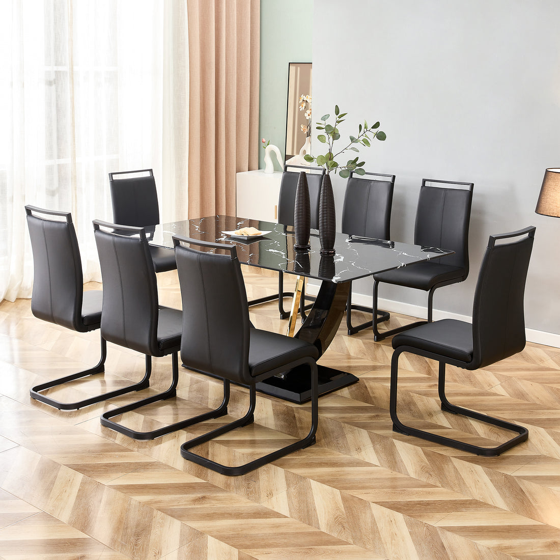 Table And Chair Set, Modern Dining Table, Patterned Table Top And Black Mdf Table Legs, Soft And Comfortable Dining Chair, Perfect For Dinner, Meetings, Home And Office Decor Black Mdf Glass