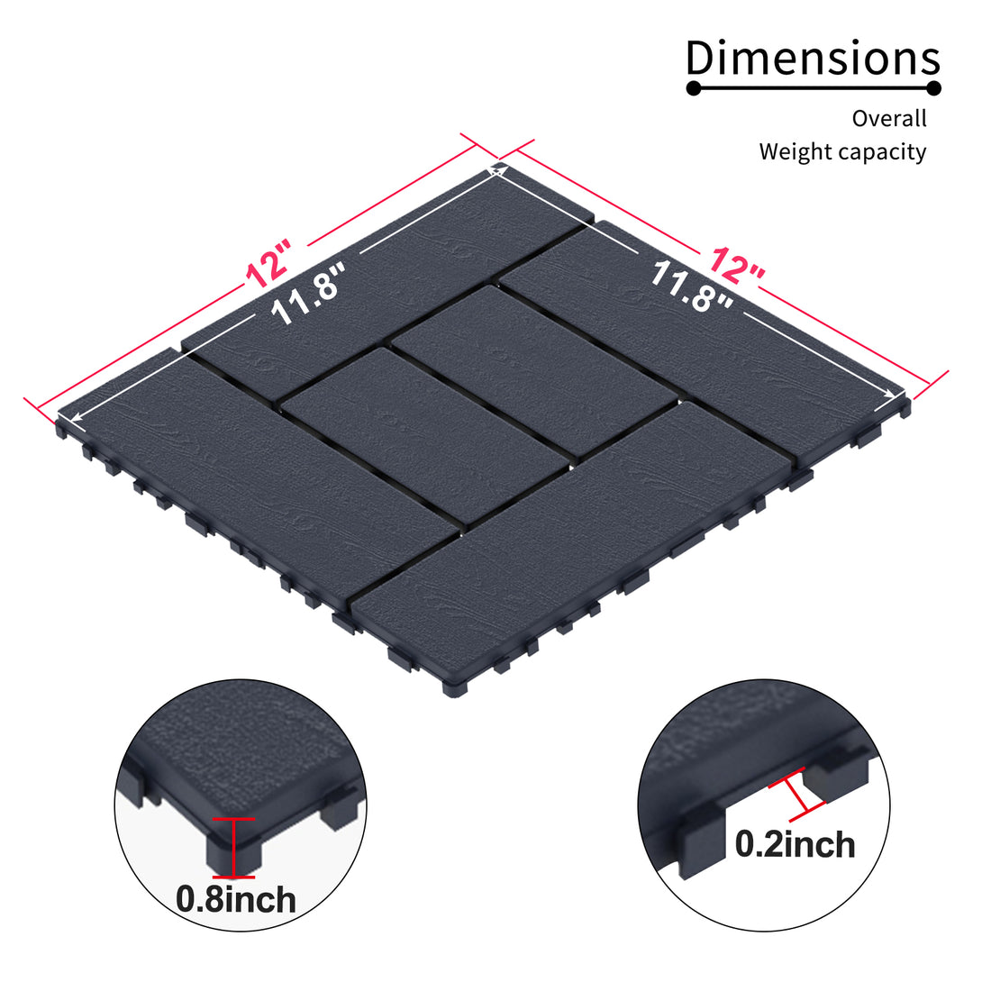 Zz Style 12" Patio Deck Tiles, Diy Module Interlocking Decking Tiles Floor Tile,Easy And Quick Installation Court Tiles For Porch Poolside Balcony Backyard 44Pcs Dark Gray Grey Polypropylene