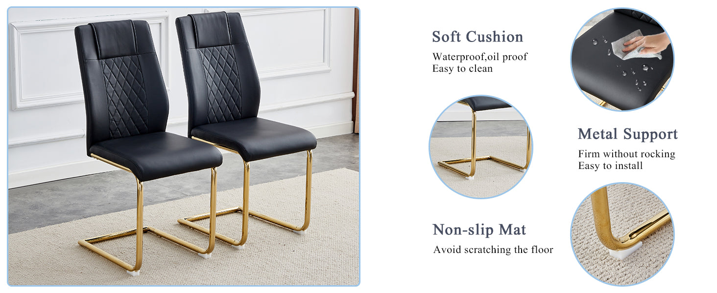 A Modern Minimalist Style Round Transparent Tempered Glass Table With Gold Metal Legs, Paired With 6 Modern Pu Leather High Back Dining Chairs ,Bring A Luxurious Experience. Black Seats 6 Glass Metal