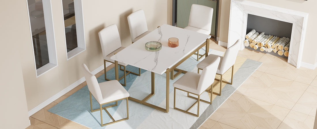 Modern Dining Table Set For 6 Faux Marble Kitchen Table Set With 6 Upholstered Dining Chairs, 7 Piece, White Golden Metal Dining Room Fixed Table Rectangular Dining Table With Chair And Bench Metal