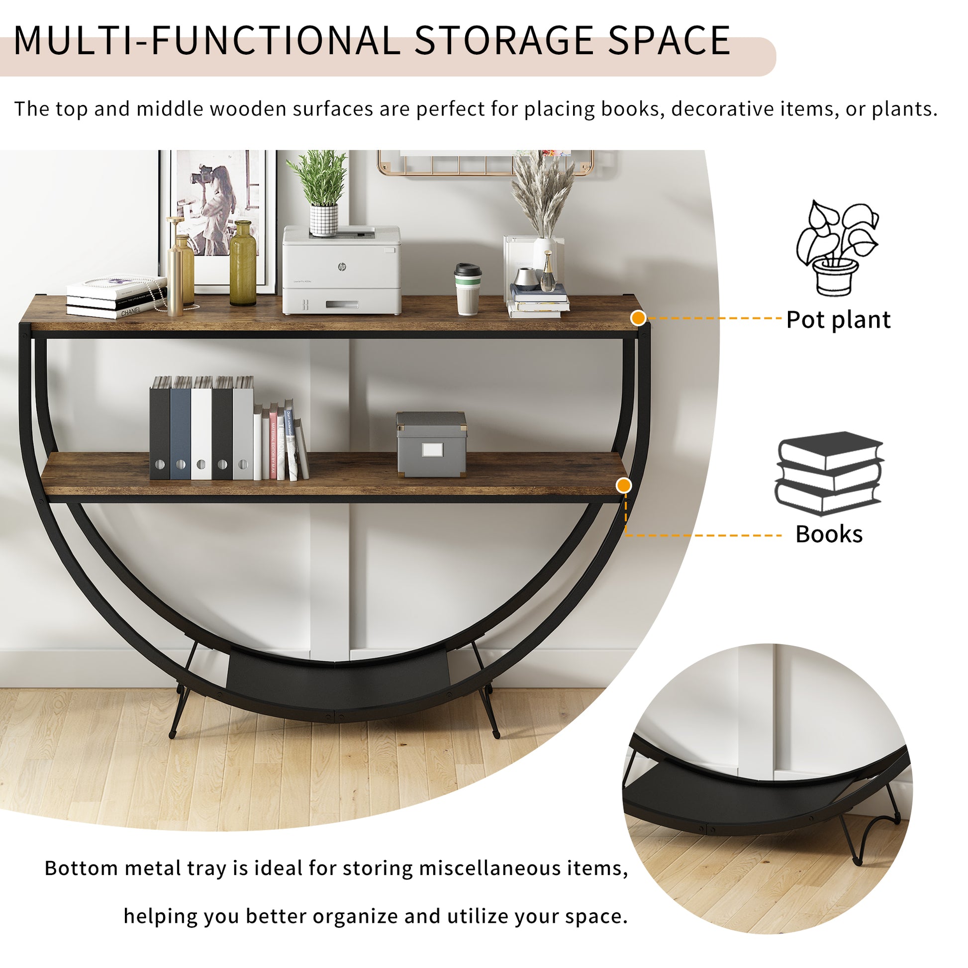 Rustic Industrial Design Demilune Shape Textured Metal Distressed Wood Console Table Distressed Brown Distressed Brown Mdf