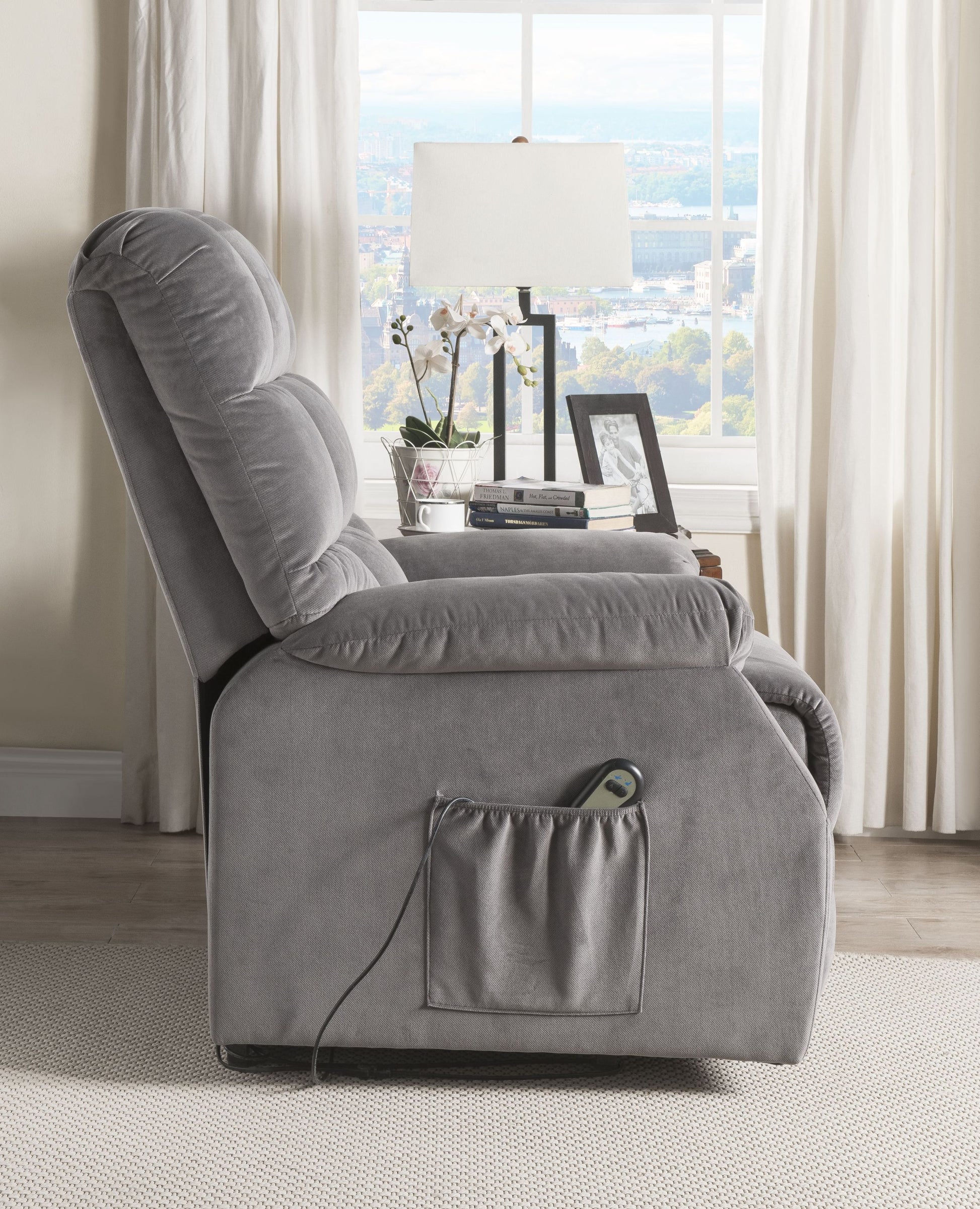 Grey Power Lift Recliner With Massage Grey Velvet Power Push Button Metal Primary Living Space Tight Back Push Button Pillow Top Arms Wood Fabric