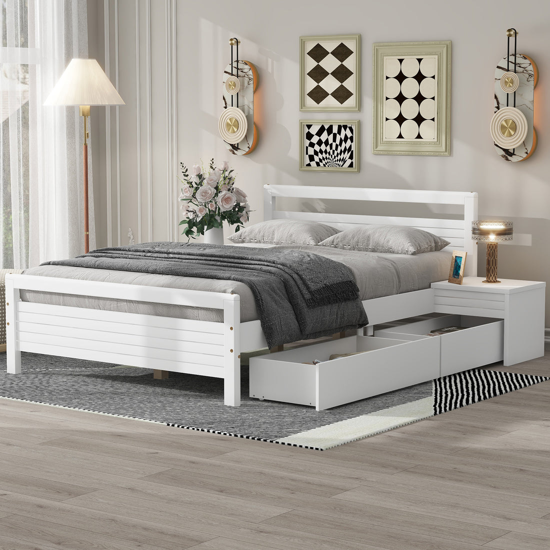 Full Size Wooden Platform Bed With 2 Storage Drawers And 2 Bedside Tables, White Full White Pine