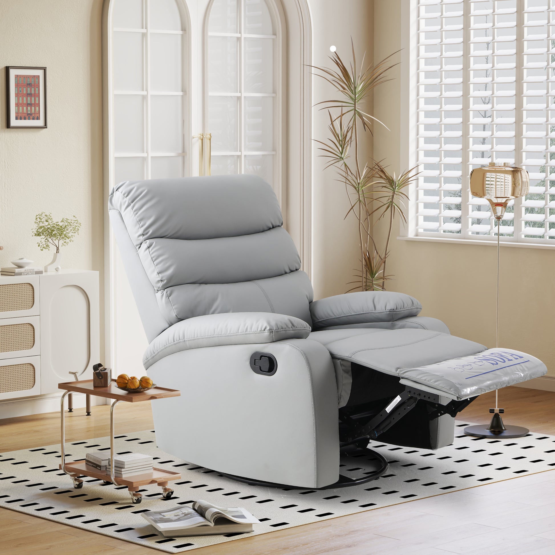 Rocking Recliner Chair,360 Degree Swivel Nursery Rocking Chair,Glider Chair,Modern Small Rocking Swivel Recliner Chair For Bedroom,Living Room Chair Home Theater Seat Gray Light Gray Faux Leather Manual Handle Primary Living Space Soft Loose Back Extra