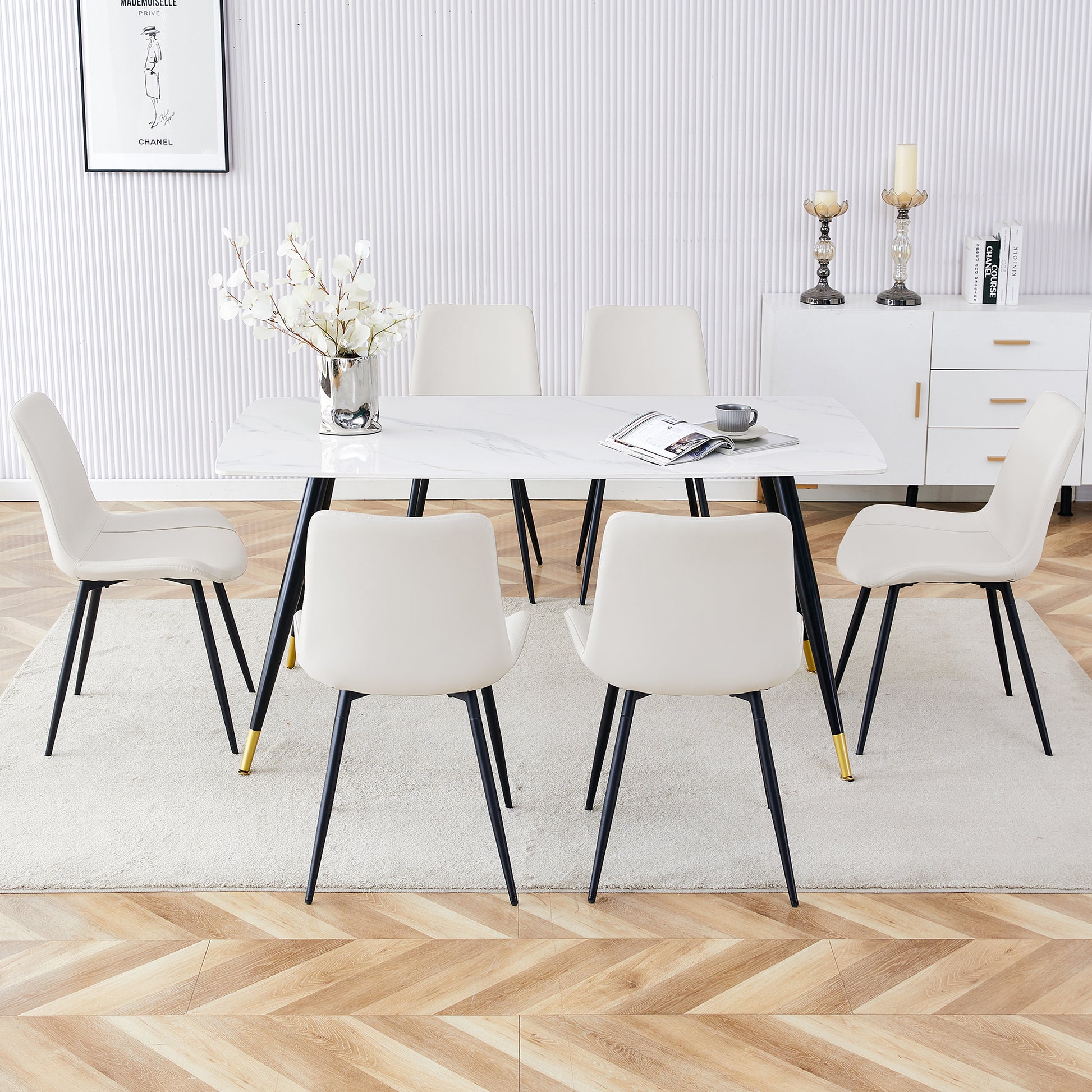 Table And Chair Set, White Imitation Marble Texture Rock Board Table Top, Black Metal Table Legs.Paired With 6 White Artificial Leather Backrest Cushion Dining Chairs With Black Metal Legs. White Black Seats 6 Metal